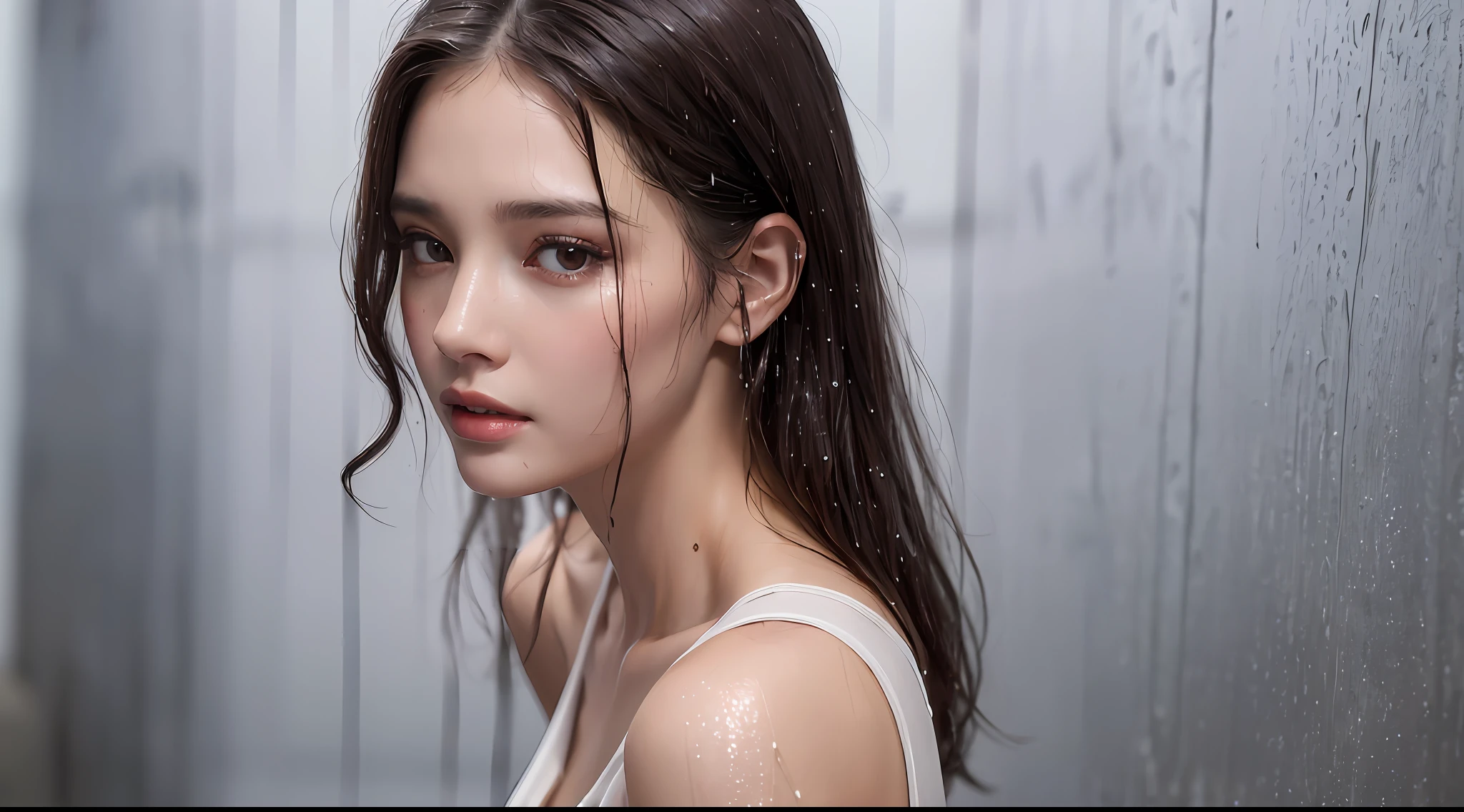 (Best quality, 4k, Masterpiece :1.3), pretty woman, 1girl, sexy :1.1, dark brown hair: 1.1, (rainy wet, wet from rain, wet body :1.2), white tank tops, ultra-detailed face, detailed lips, detailed eyes, double eyelid