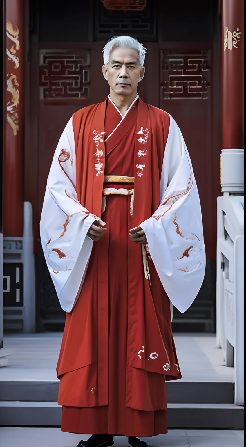 Masterpiece, Highest quality, (solofocus),, (High detail: 1.1),dojo，Red and yellow robes，The male， Man, chinese crown, 1人,and white hair,超高分辨率 , Detailed background, realisticlying, Wear an intricate Buddhist cassock