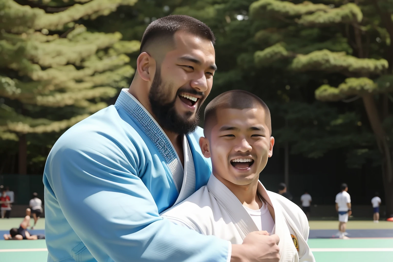 East Asian beefy strong hunk judo player, short hair, bearded, buzz cut, stubble, laughing, in Judo costume, with his boy, at a Sunday park in Tokyo, sunny day