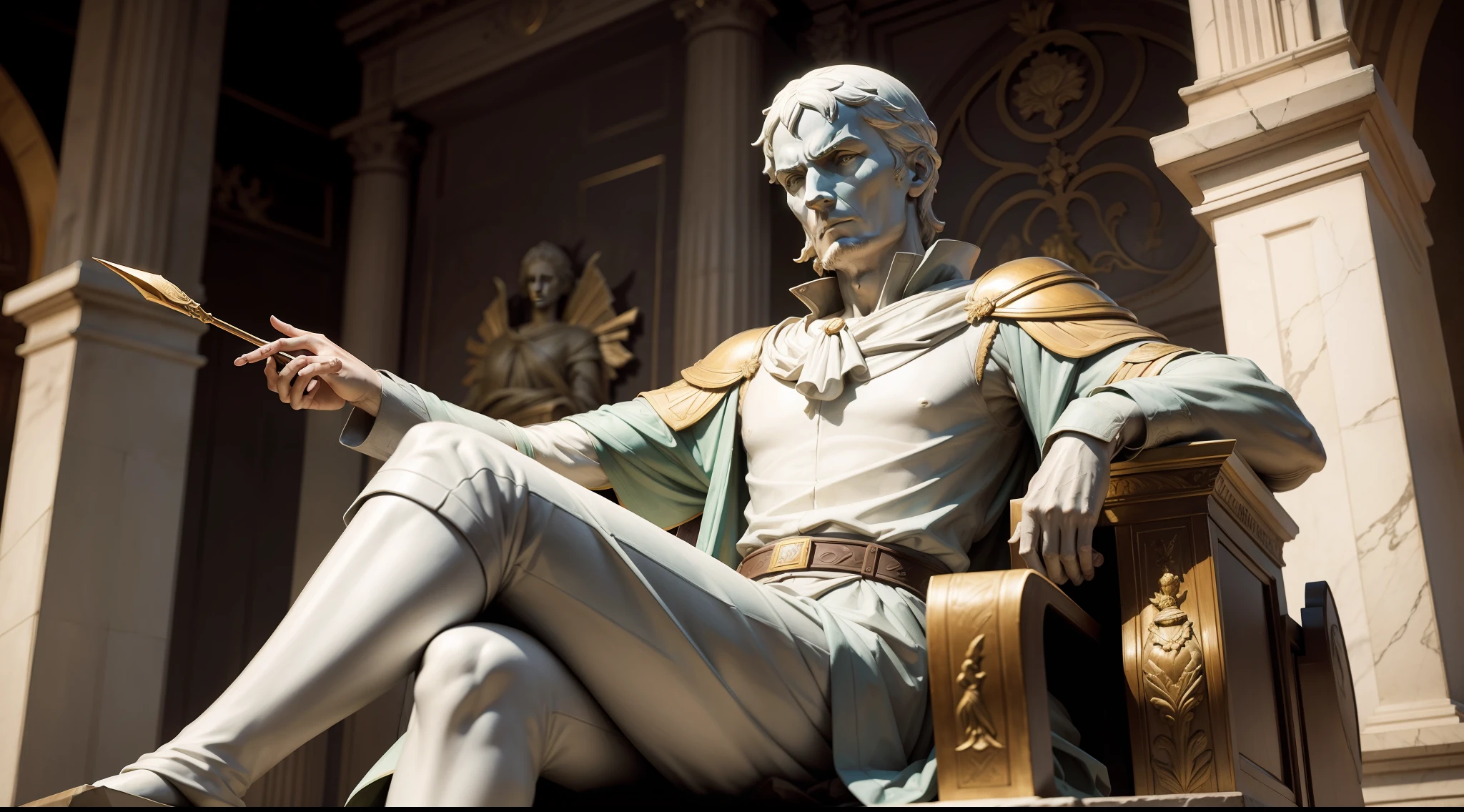 Statue of the great philosopher Niccolò Machiavelli, pensive and stately, elderly man, emperor, sitting on a throne