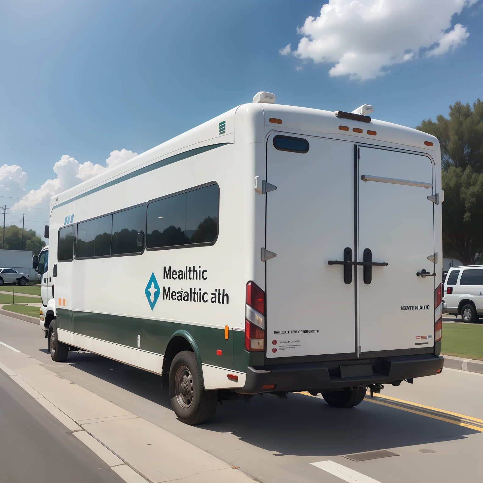 realistic mobile health clinic vehicle, captured in a photo. front left view