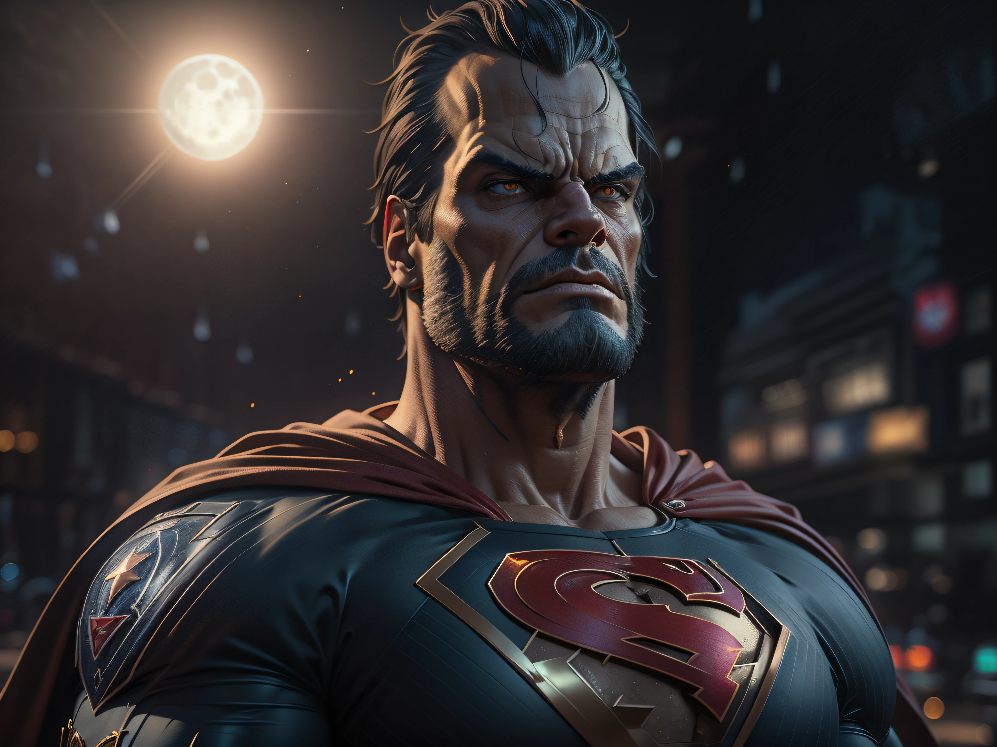 Closeup on a menacing and powerful Hommer Simpson dressed as Superman in an imposing appearance, menacing stare, ricamente detalhado, hiper realista, 3D-rendering, obra-prima, NVIDIA, RTX, ray-traced, Bokeh, Night sky with a huge and beautiful full moon, stars shining,