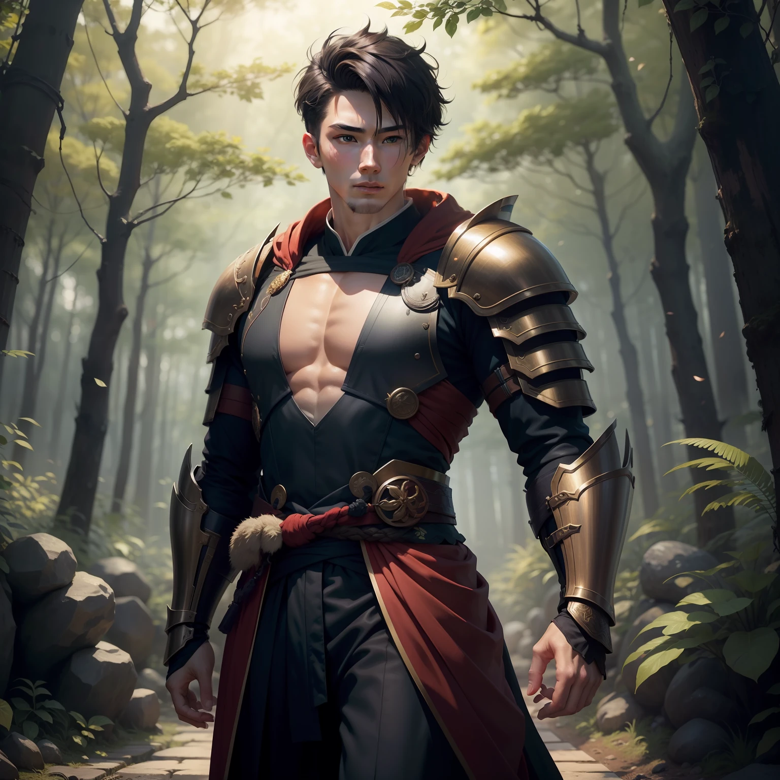 The animations are rich in detail,This is a high-quality 8K masterpiece。20-year-old male,A male,bachelorhood,Three eyes,Japan kimono,Light armor,Forest elemental magic,fantasy