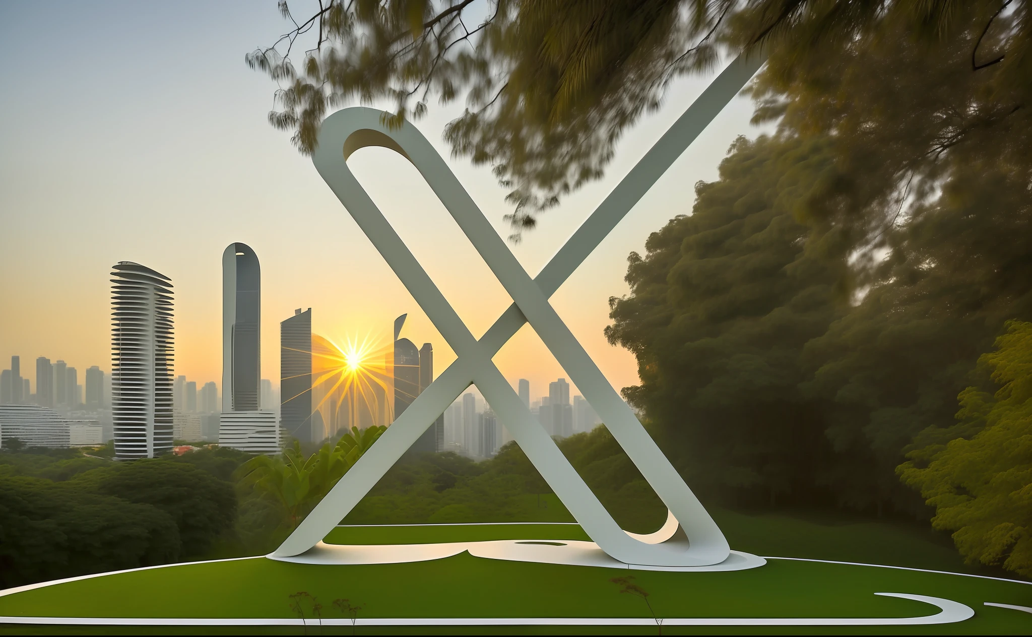 ((logotipo da letra X, na forma de uma moderna escultura monumental de parque moderno)), inspirado em oscar niemeyer, (imagem hiperrealista:1.2), in a futuristic setting of a city. Por do sol, com nuvens laranjadas.