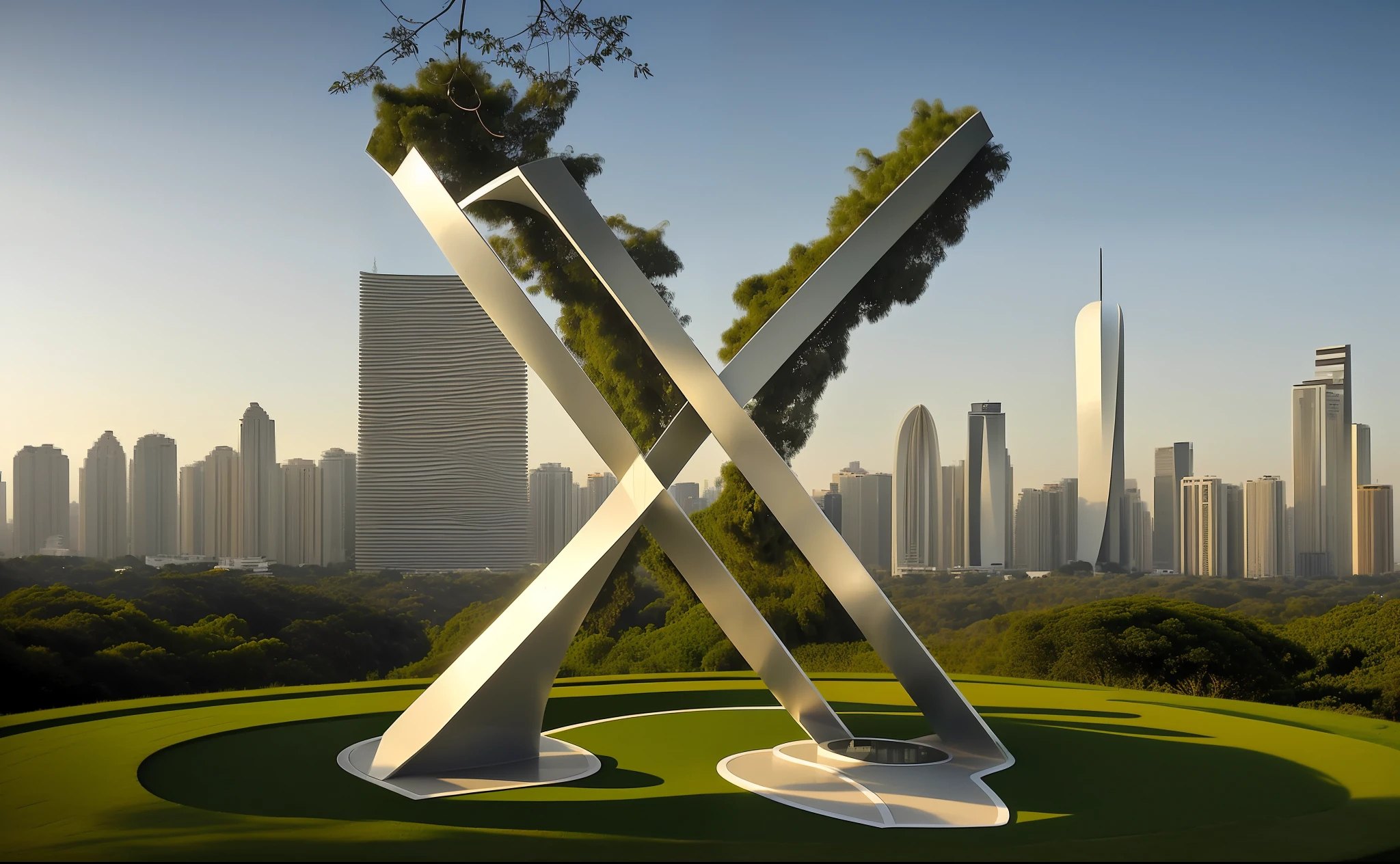 ((logotipo da letra X, na forma de uma moderna escultura monumental de parque moderno)), inspirado em oscar niemeyer, (imagem hiperrealista:1.2), in a futuristic setting of a city. Por do sol, com nuvens laranjadas.