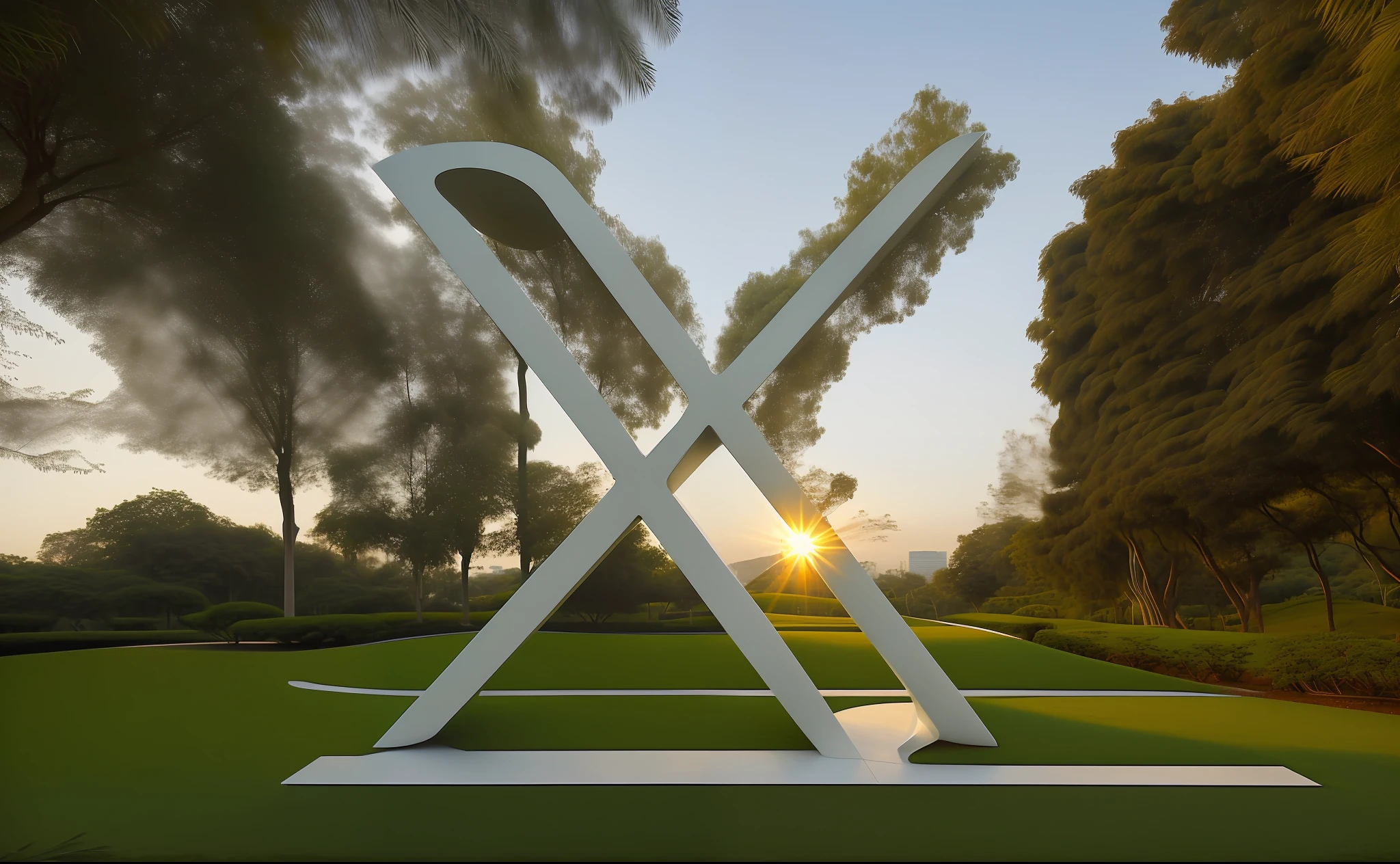 ((logotipo da letra X, na forma de uma moderna escultura monumental de parque moderno)), inspirado em oscar niemeyer, (imagem hiperrealista:1.2), in a futuristic setting of a city. Por do sol, com nuvens laranjadas.