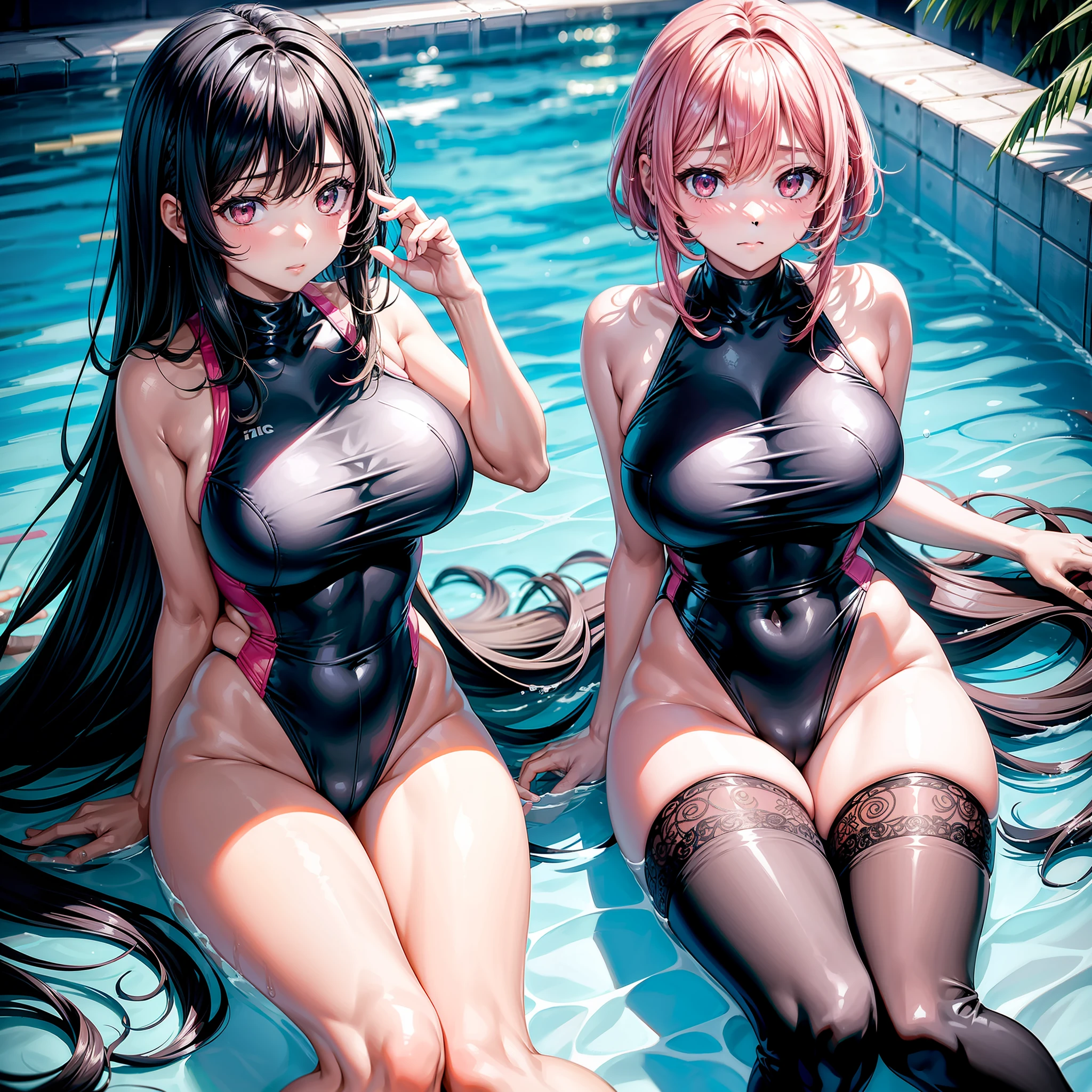 2girls，独奏，In the pool，lying on water，cabelos preto e longos，Black competitive swimsuit，black lence stockings，Full thighs，Childlike big breasts，Pink eyes，A coquettish expression