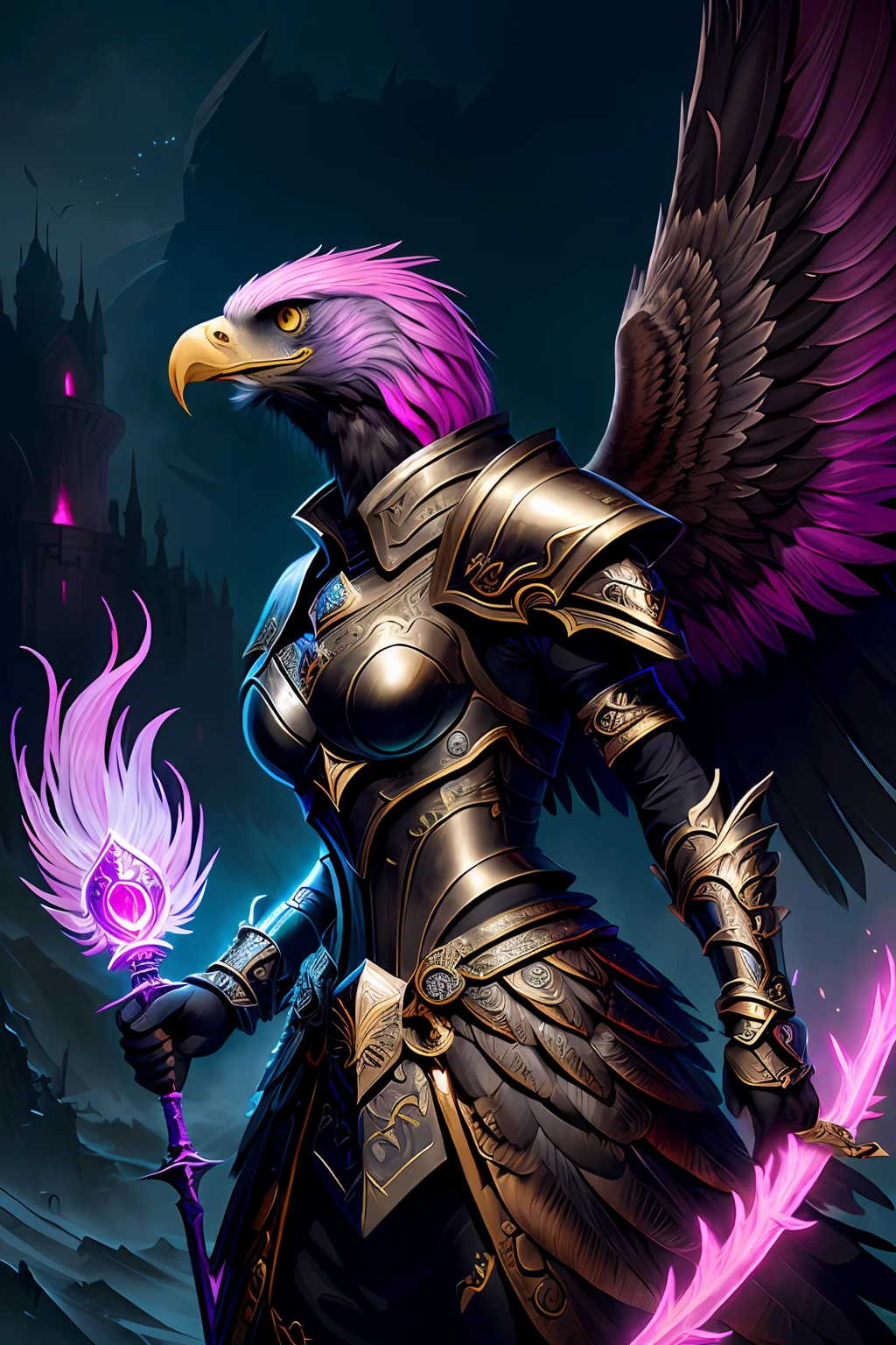 A winged eagle head，The eagle warrior with the face of an eagle falcon stands in front of the dark city, Epic fantasy digital art style,Eagle Falcon， fuchsia skin beneath the armor, diablo 4 lilith, Epic fantasy art style, fuchsia skin below the armor, 4K fantasy art, Detailed digital 2D fantasy art, Epic fantasy art style HD, 8K fantasy art, female lord of change