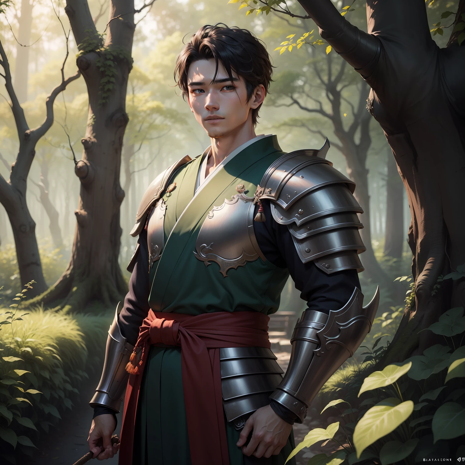 The animations are rich in detail，This is a high-quality 8K masterpiece。20-year-old male，A male，bachelorhood，Three eyes，Japan kimono，Light armor，Forest elemental magic，fantasy
