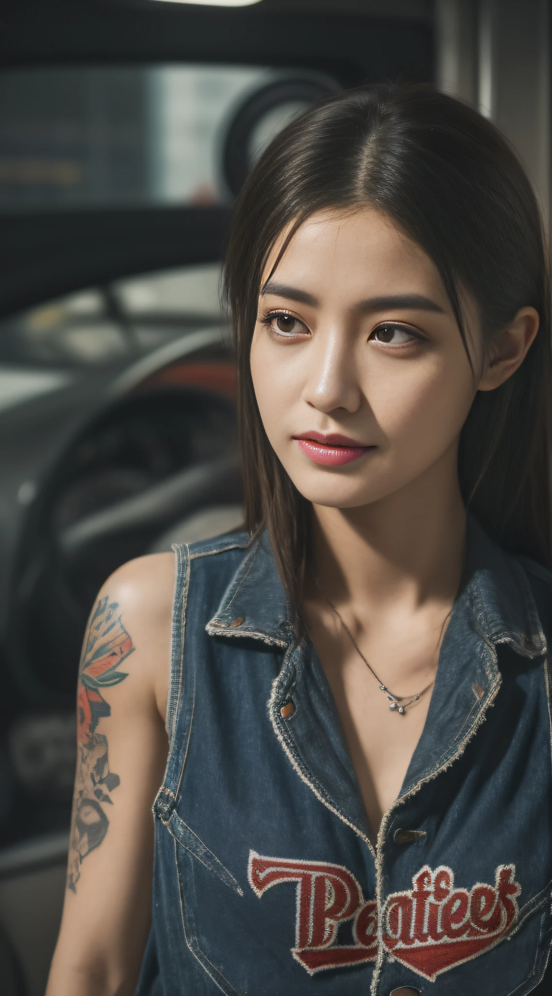 ((best quality)), ((masterpiece)), (detailed), mesmerizing and alluring female mechanic covered in grease,Confident smile,Look into the camera,(Dirty and rugged charm:1.2), (tough and confident demeanor:1.1), (mechanical expertise:1.3), disheveled hair, smudged face with a playful smirk, stained overalls clinging to her curves, (gritty tools of the trade:1.2), cluttered repair shop, scattered car parts, (authentic automotive ambiance:1.2), (intense gaze:1.1), gripping a wrench in her dirty hands, 8k resolution,looking at another, looking away,( tattoo:1.2), masterpiece, best quality,Photorealistic, ultra-high resolution, photographic light