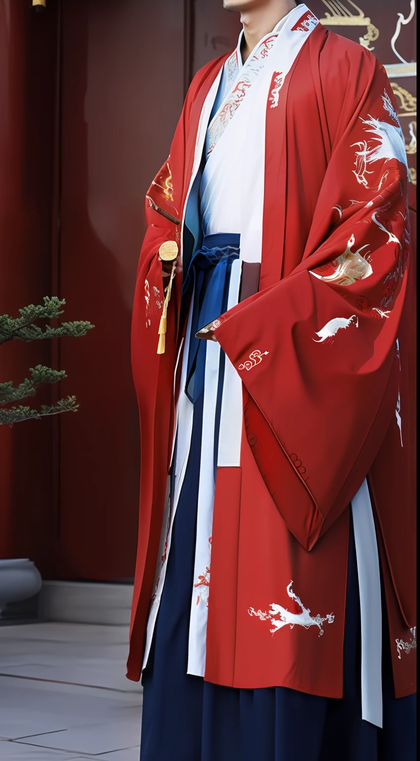 Masterpiece, Highest quality, (solofocus),, (High detail: 1.1),dojo,Red and yellow robes,The male, Man, chinese crown, 1人,and white hair,超高分辨率 , Detailed background, realisticlying, Put on an intricate Buddhist cassock