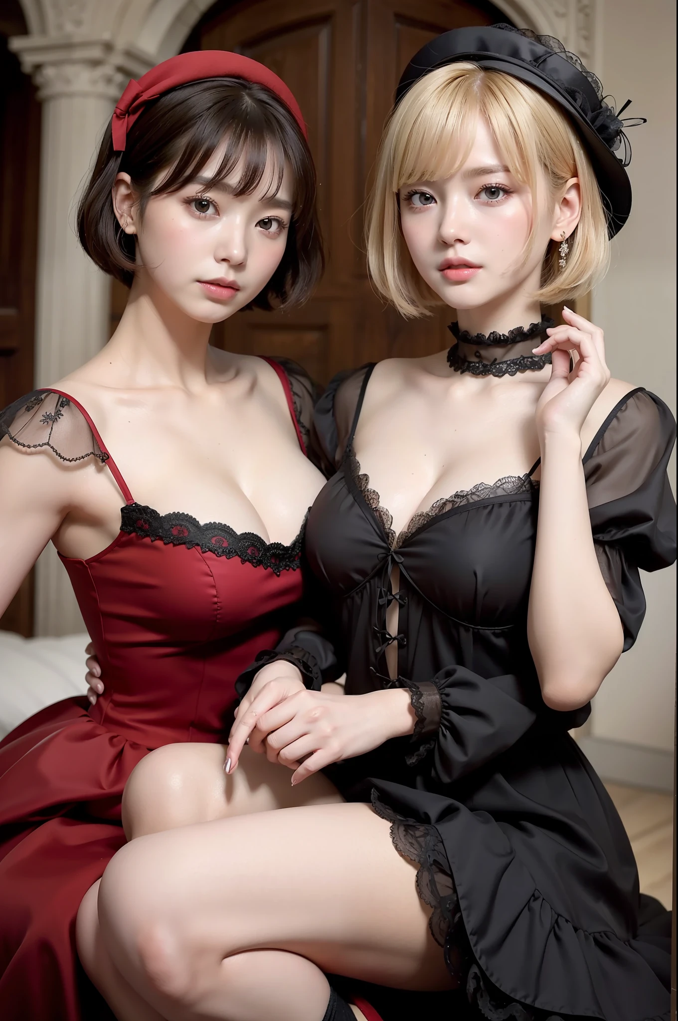 Photo Real、photoRealstic　Golden hair、Depigmented hair、Short hair、Straight hair、Lots of bangs　big eye、with round face、Plump cheeks、The contours of the face are round、a small face、a 　japanes、14years、tbody、skinny  body、young body、Soft thighs　 mini top hat、Lolita Fashion、Red Wedding Dress、Black frills、Wear lace、Dresses that stand out、Decoration Dresses、a short skirt、Unique clothing　Adult Pose、Bold poses、Faces close、Face Close-up、Blushing、Looking here、cleavage of the breast、smil　Background with、Old-fashioned Western-style building、Western-style castle、a castle yard