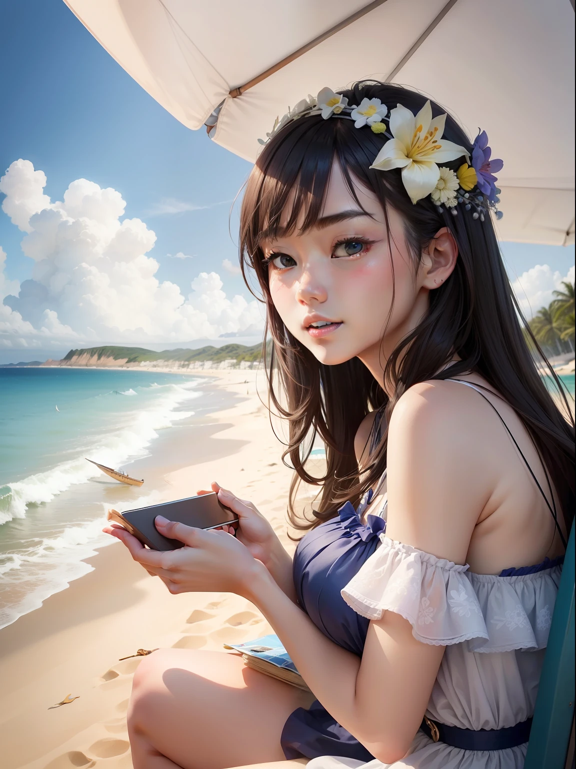 Men and women dating、Beautiful fece、detailed picture、realisitic、sea side、夏天、Summer Beach、blue open sky、sand beach、A delightful、happiness、𝓡𝓸𝓶𝓪𝓷𝓽𝓲𝓬、Waterfront