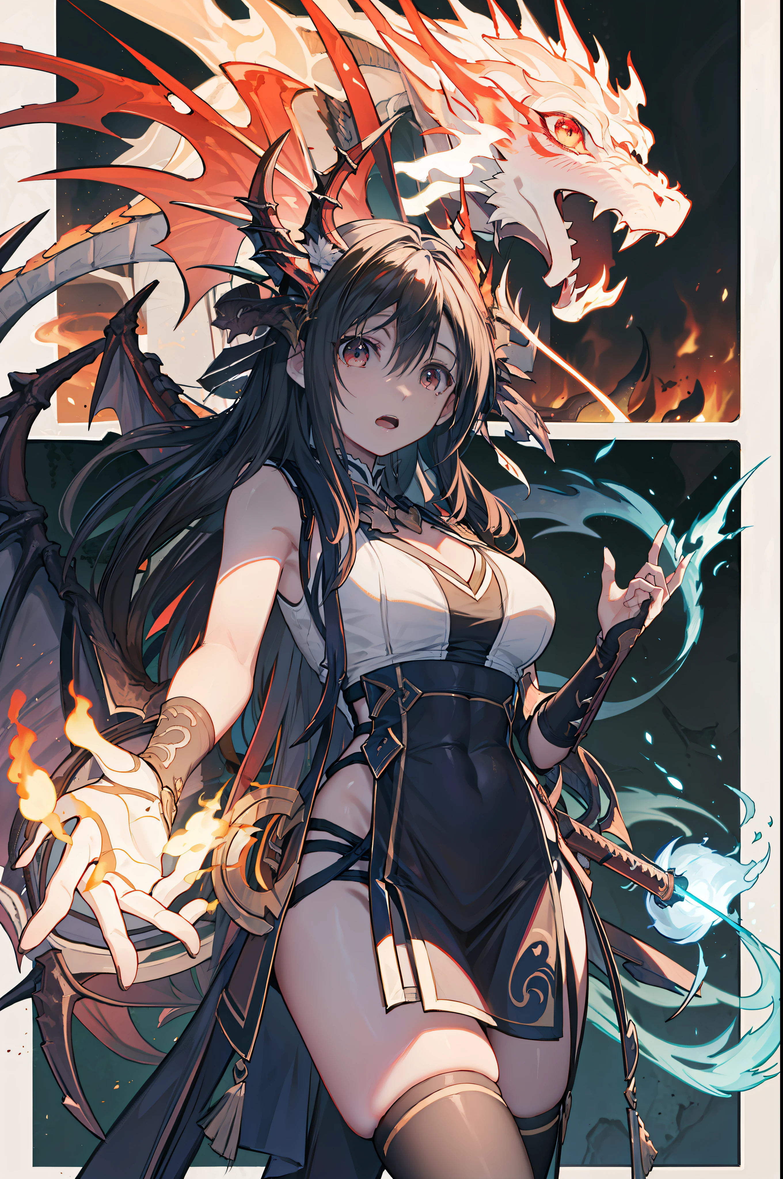 Eye details,Fine eyes,Engraving details,Natural expression,Get thinner,Hand detail,Five fingers,Five fingers on both hands,Thinning of the legs,The chest becomes smaller,The dragon's mouth spat out flames,Ultra-fine overall