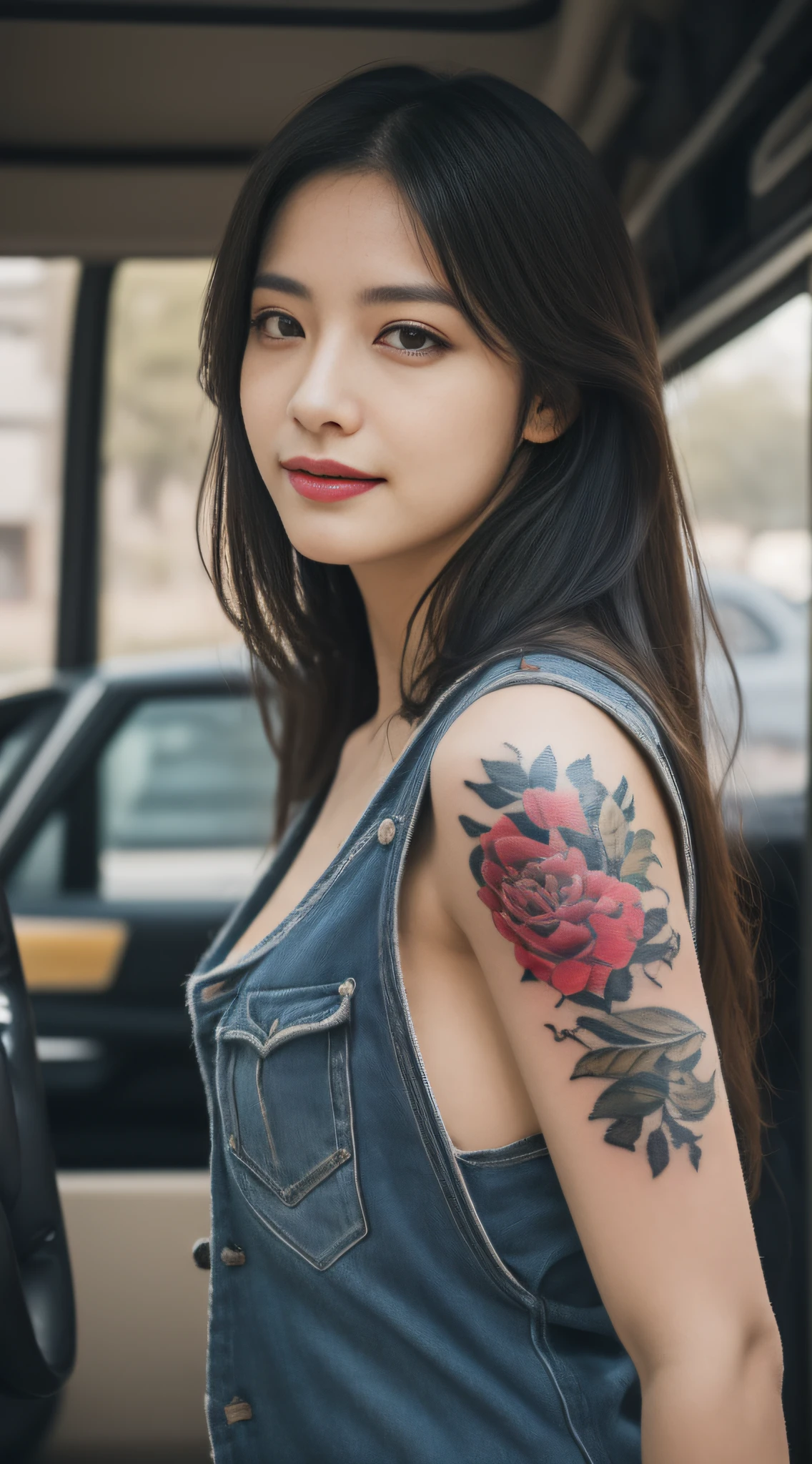 ((best quality)), ((masterpiece)), (detailed), mesmerizing and alluring female mechanic covered in grease,Confident smile,Look into the camera,(Dirty and rugged charm:1.2), (tough and confident demeanor:1.1), (mechanical expertise:1.3), disheveled hair, smudged face with a playful smirk, stained overalls clinging to her curves, (gritty tools of the trade:1.2), cluttered repair shop, scattered car parts, (authentic automotive ambiance:1.2), (intense gaze:1.1), gripping a wrench in her dirty hands, 8k resolution,looking at another, looking away,( tattoo:1.2), masterpiece, best quality,Photorealistic, ultra-high resolution, photographic light