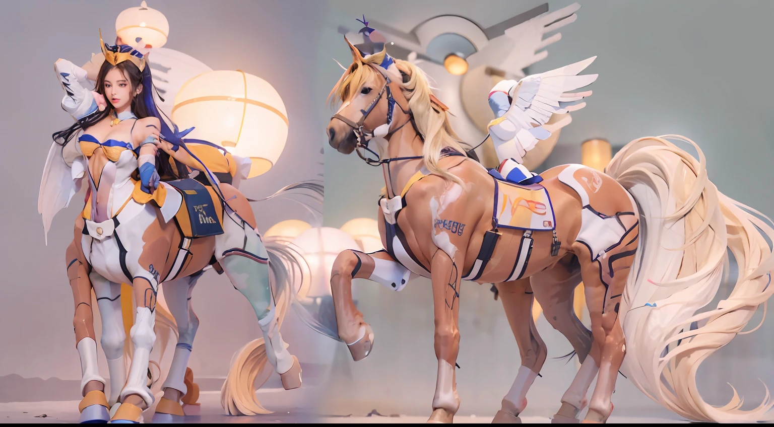 A female centaur,She is famous in the multiverse,She is both a female centaur, half human, half horse, half horse,It is also a female Yingzhao。She blends both images,The first is the head of a horse/neck/Shoulder these parts,After feminization,The upper body transforms into a beautiful female human,Female, half-centaur, half-human, half-horse, half-human,The second is the waist of the horse/hason/gluteal/Legs feminine,Female half-horse with beautiful woman's,Chimer,It's like a female human wearing a half-horse-like costume and making a seamless chimera,This chimerization is based on powerful futuristic technology。The ultra-wide-angle lens captures the image of her sleek and ethereal wings charging and leaping on the ionosphere。Her front half is distinctly feminine,Tall sexy body,Has K cup teardrop-shaped giant tit chest,It has a small man's waist butterfly spanning long legs,The half-horse part of the hind body,Embedded interface in the front half of the body hip position。The horse-shaped, half-horse torso form of her back body is completely female and humanized。A sexy bent dog-style shaped ribcage embedded in the lower back position of the beautiful woman's body from the upper end of the sternum/lower back/Ventral transverse。Then there are the sexy beauty's upright hips,Her entire body has been completely feminized,Including the half-horse part。Mechanized armor covers the legs with knee-shaped anti-joints and feet,And these parts are highly anthropomorphic,This makes her legs graceful and slender,Her four horse legs exploded in length proportions and was slender and toned,Under the legs are skinny white feet dressed in Skyscraper Heels,Use Midjourney's advanced stroke tools and color palettes, as well as texture packs, model packs, and texture tools,Concentration,Femaleize all parts of her original equine physiologic appearance,And give these parts an ergonomic appearance,Fine treatment of the thoracic and abdominal cavity of the posterior body,As well as hips and