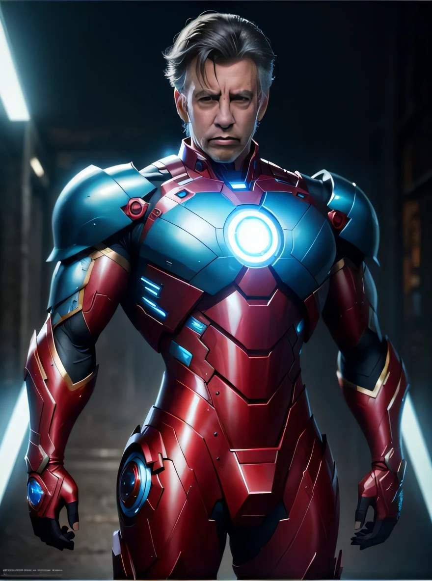 um homem de terno com uma luz brilhante no peito, Elon Musk como Homem de Ferro, Boris Johnson como Homem de Ferro, como o Ironman, John McAfee como Ironman, Ironman, Homem de Ferro Superior, Retrato do Homem de Ferro, coberto com armadura de prata completa, tony Stark, Arte conceitual de Tony Stark, Homem de Ferro, Homem de Ferro Cyberpunk, armadura de prata e roupas vermelhas