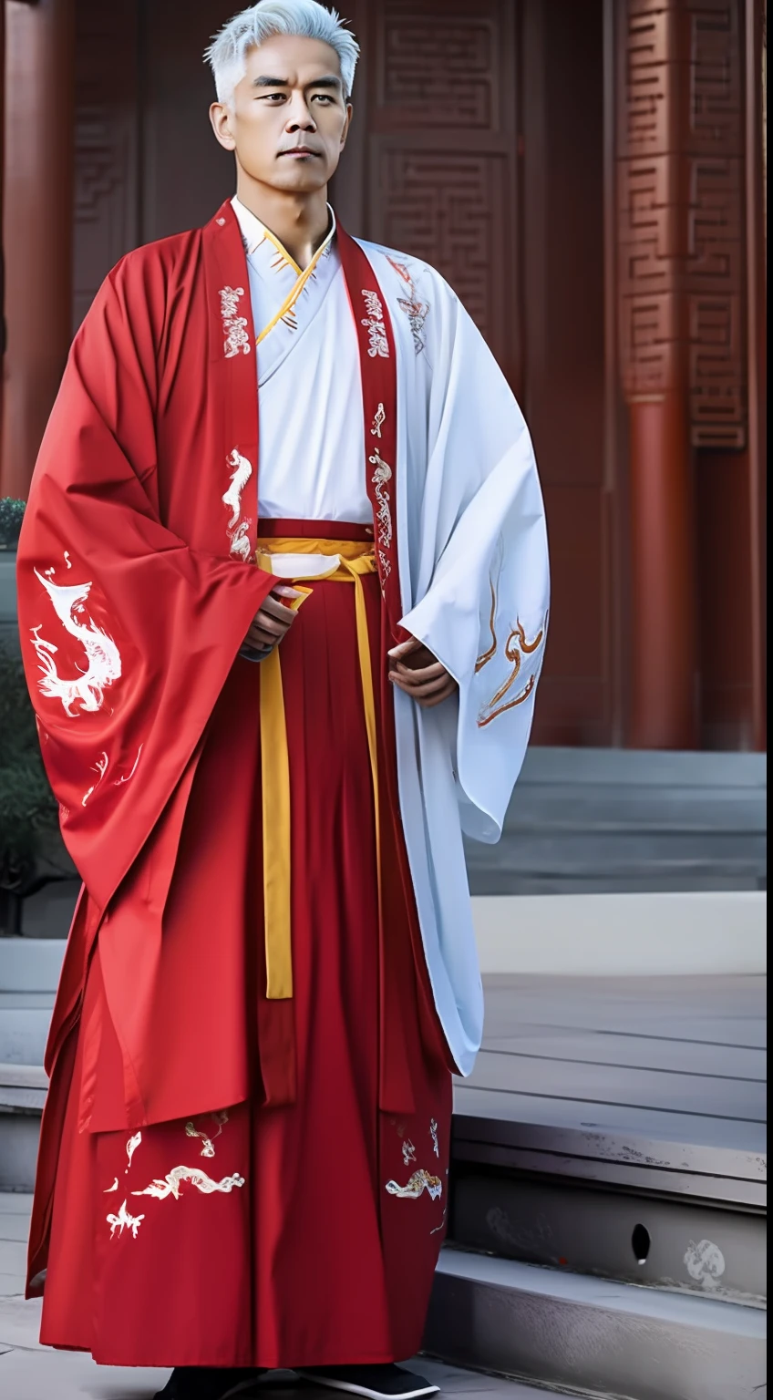 Masterpiece, Highest quality, (solofocus),, (High detail: 1.1),dojo,Red and yellow robes,The male, Man, chinese crown, 1人,and white hair,超高分辨率 , Detailed background, realisticlying, Put on an intricate Buddhist cassock