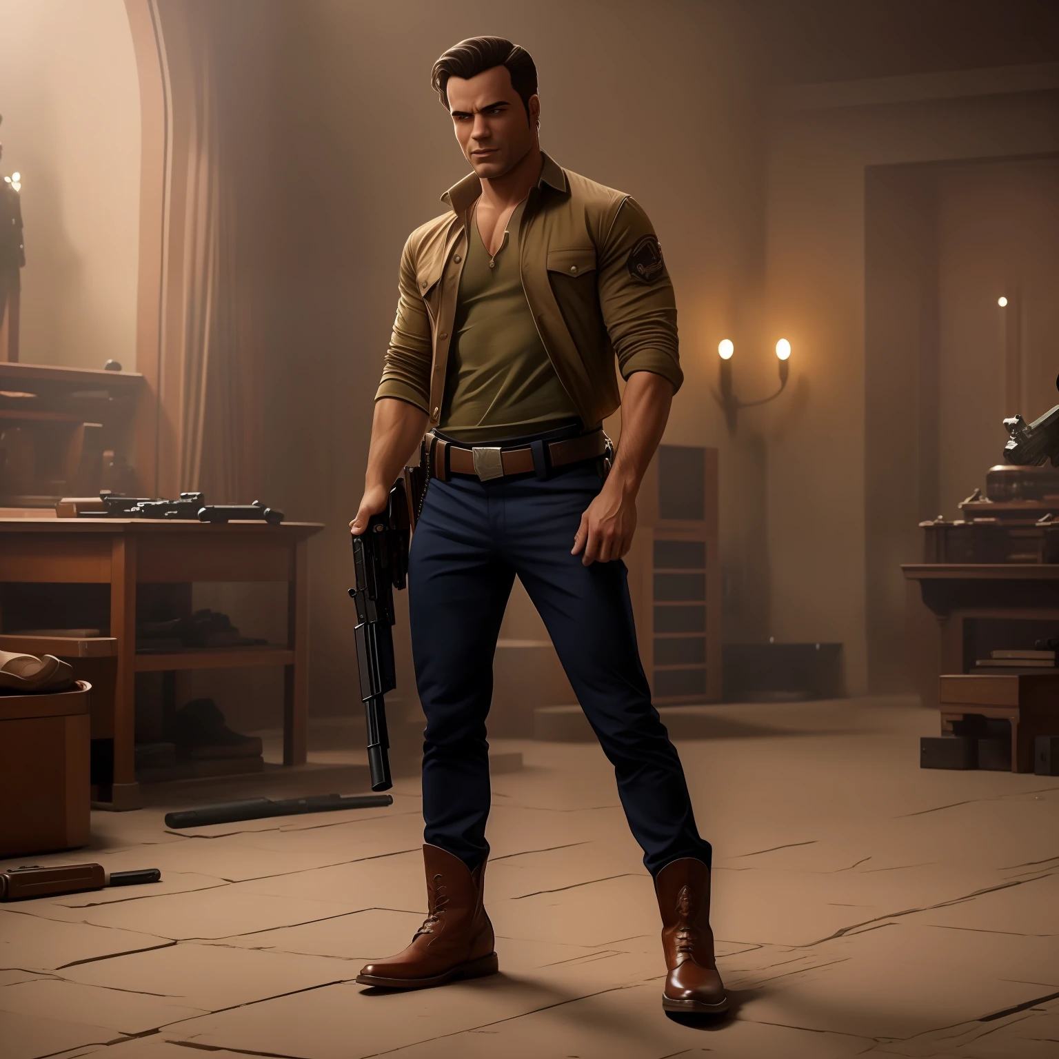 (homem russo )com cabelo curto o , with pants , com camisa e um sobretudo   (de corpo inteiro)(detetive)with boots and a gun in his right hand