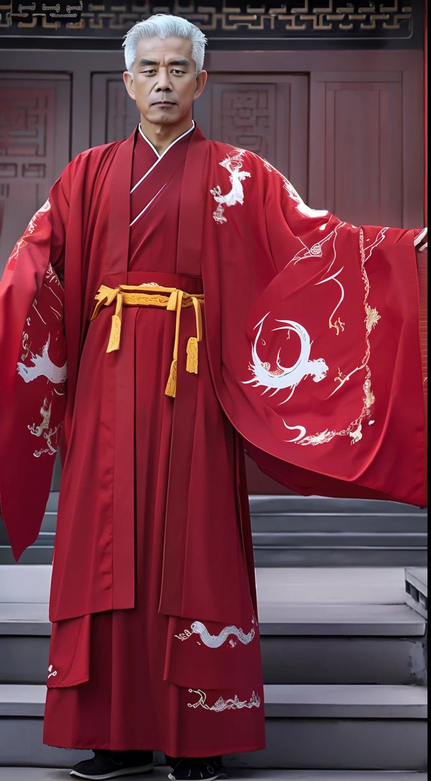 Masterpiece, Highest quality, (solofocus),, (High detail: 1.1),dojo,Red and yellow robes,The male, Man, chinese crown, 1人,and white hair,超高分辨率 , Detailed background, realisticlying, Put on an intricate Buddhist cassock