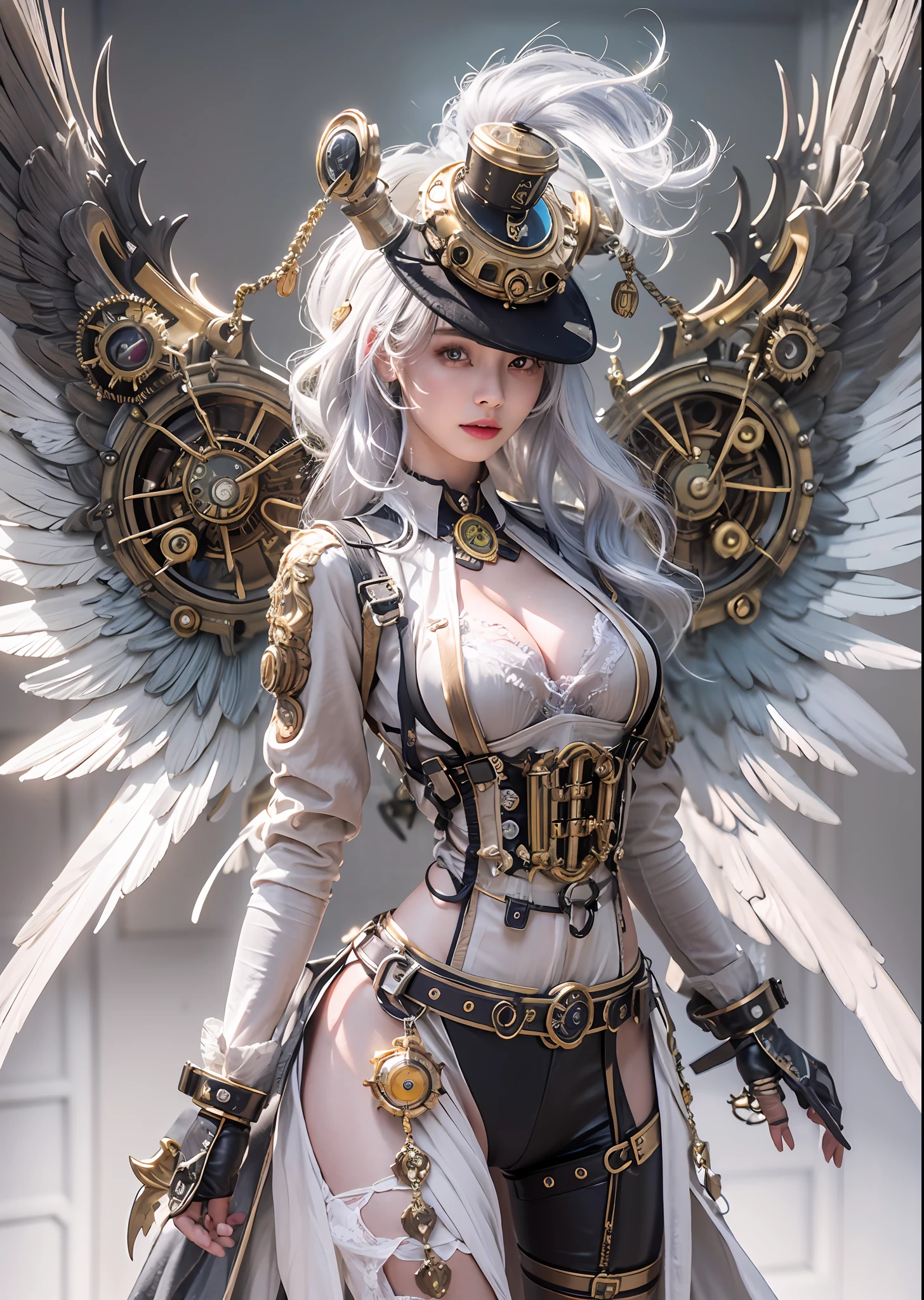 top-quality、​masterpiece、超A high resolution、(Photorealsitic:1.4)、Raw photo、Steampunk Cyborg Angel、large wings made of metal、White porcelain body、Acrylic Clear Cover、white  hair、glowy skin、1 steampunk girl、((super realistic details))、portlate、globalillumination、Shadow、octan render、8K、ultrasharp、character edge light,Colossal tits、Raw skin is exposed in cleavage、Details of complex ornaments、Details of the steam engine、Hydraulic cylinder、Small LED lamp、highly intricate detail、Realistic light、a purple eye、radiant eyes、Facing the camera、neon details、cowboy  shot、Futuristic headgear、The background is a steampunk city、、