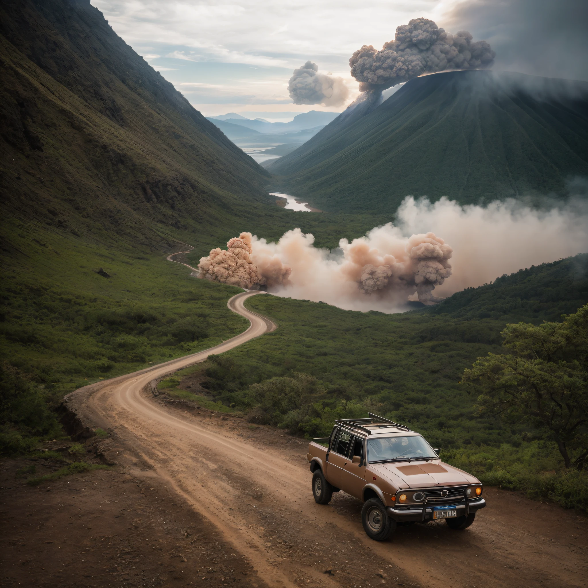 RAW photos，best qualtiy，超高分辨率，realisticlying，photograph of-realistic，A group of velociraptors chases a buggy in the forest，run，lakes，in a panoramic view，There are volcanic eruptions in the distance，Armageddon，Dynamic，velocity，Cinematic texture，dark，（Very detailed CG Unity 8k wallpaper）， Photos of the world's most beautiful artwork， Professional majestic（photography of：Steve McCurry），8k UHD，digital SLR camera，gentle lighting，high high quality，filmgrain，Fujifilm XT3 sharp focus，f 5.6，high detal，Sharp focus，dramatics，（watch audience：1.2），（natural soft light）