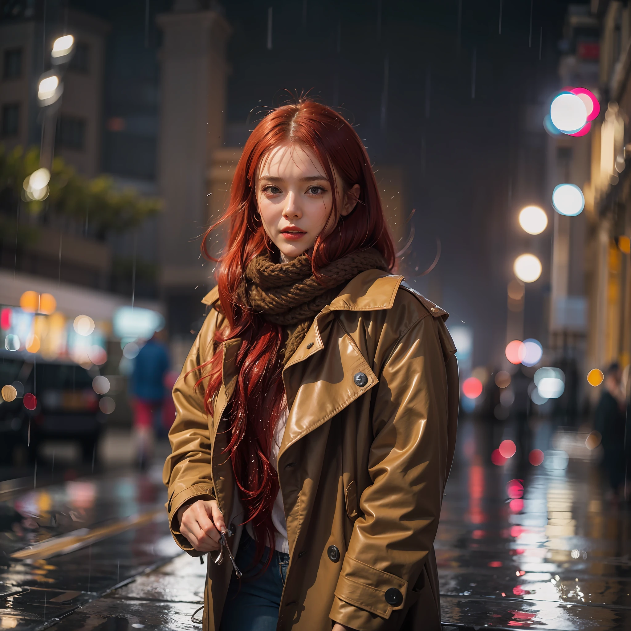 Russian woman with red hair, wearing jeans and a brown coat, and a scarf on the neck, walking in the rain in the streets of Moscow, streets without cars, wet floor, night, rain, wearing boots, in 80s, wet floor with rain, floor shining from Rainwater,  Wet clothes, wet hair، close up shot, face portrait