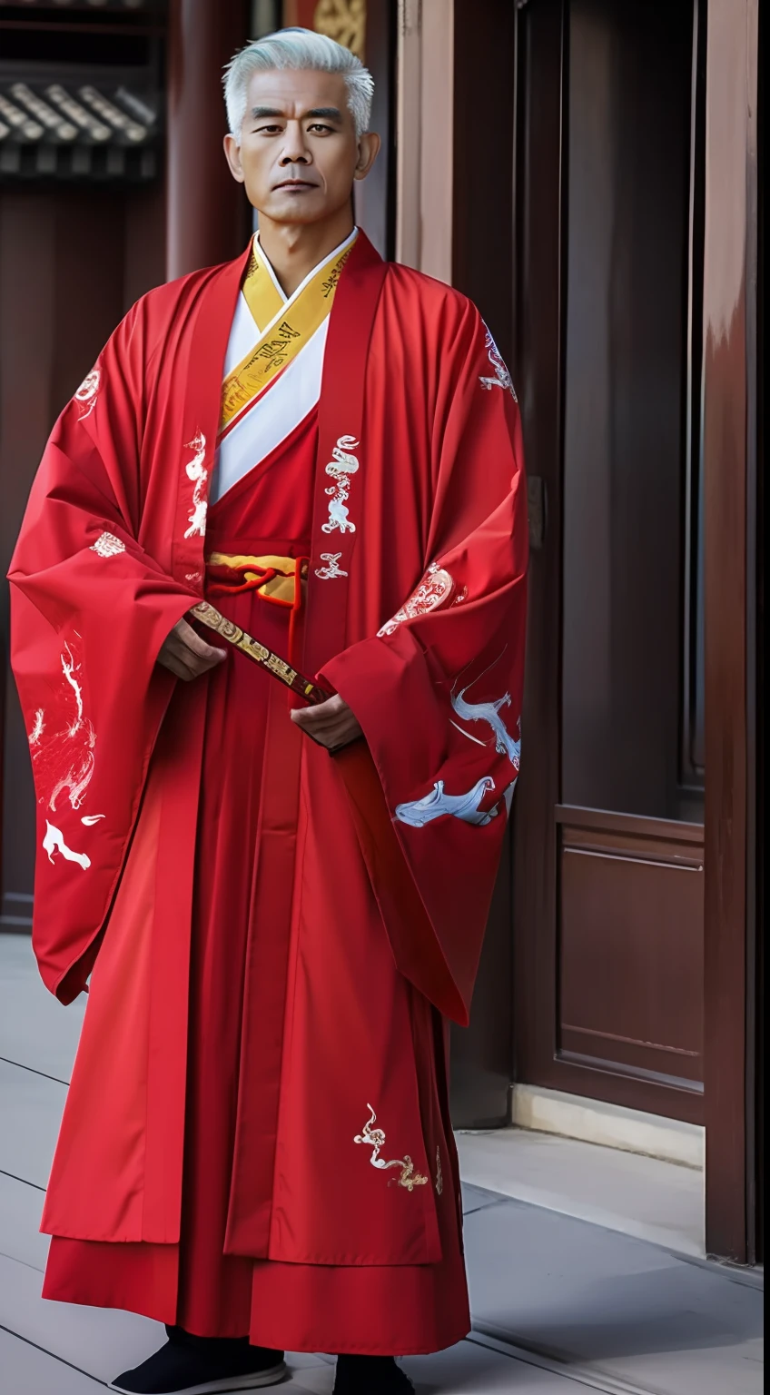 Masterpiece, Highest quality, (solofocus),, (High detail: 1.1),dojo,Red and yellow robes,The male, Man, chinese crown, 1人,and white hair,超高分辨率 , Detailed background, realisticlying, Put on an intricate Buddhist cassock