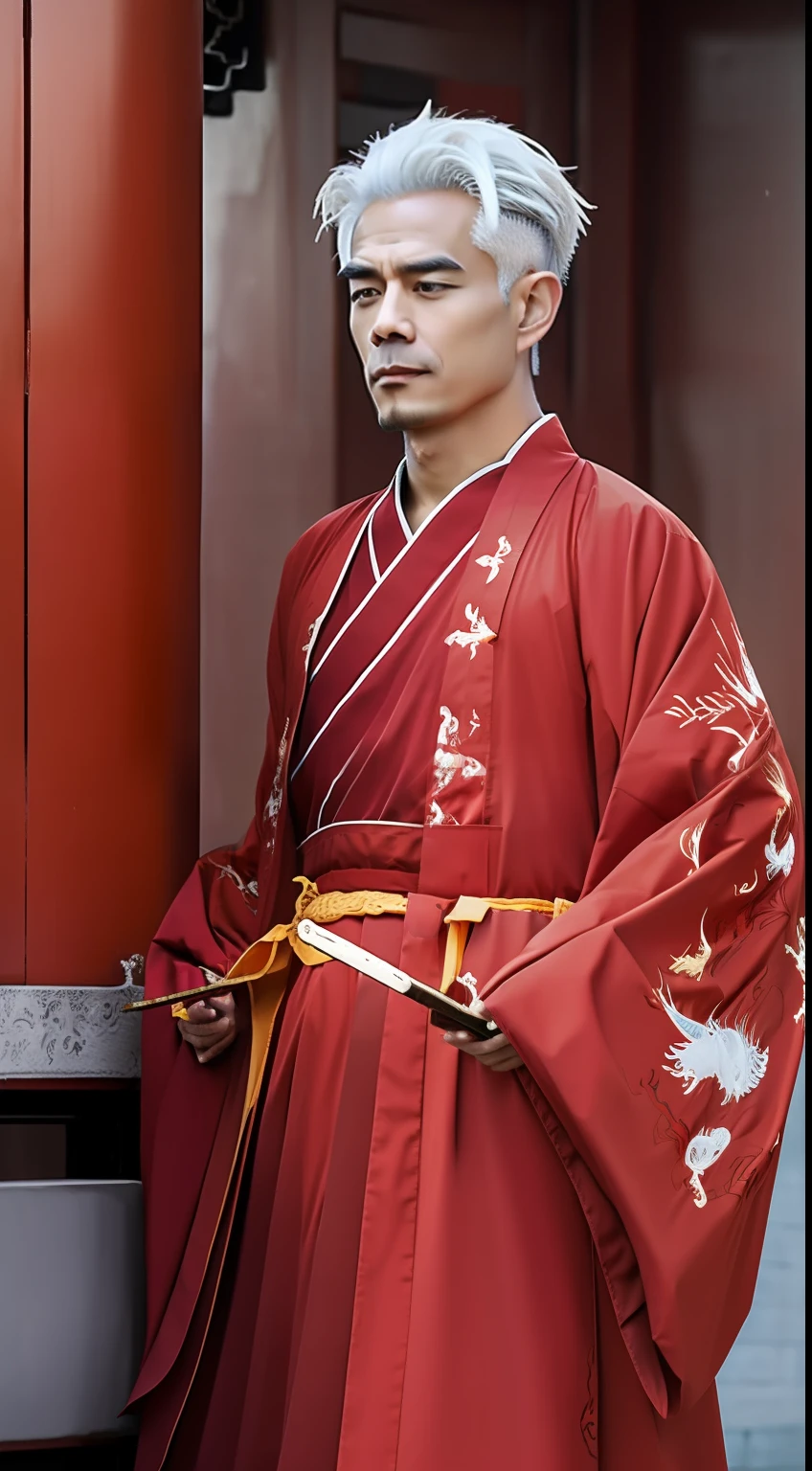 Masterpiece, Highest quality, (solofocus),, (High detail: 1.1),dojo，Red and yellow robes，The male， Man, chinese crown, 1人,and white hair,超高分辨率 , Detailed background, realisticlying, Put on an intricate Buddhist cassock