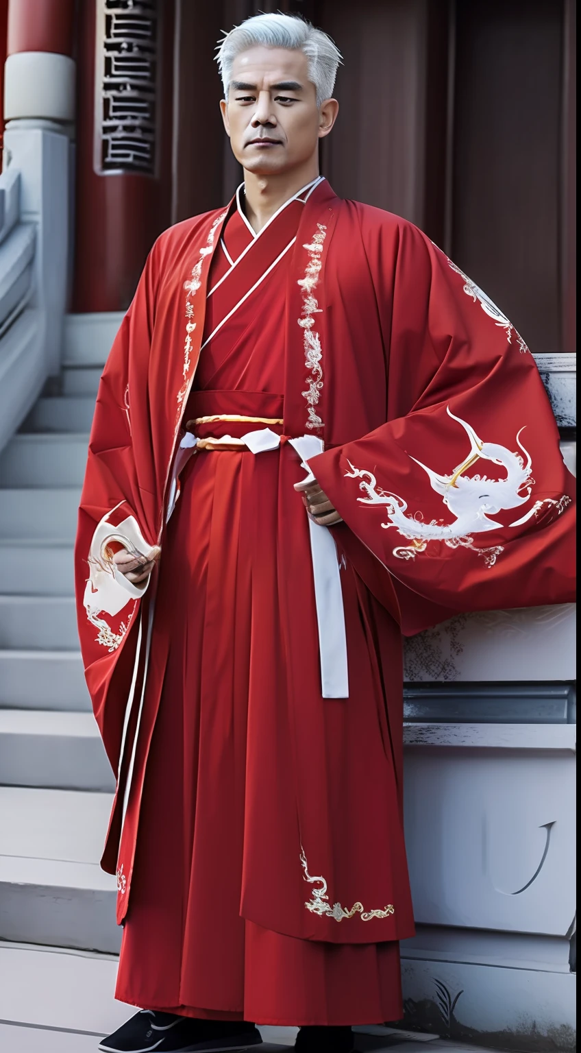 Masterpiece, Highest quality, (solofocus),, (High detail: 1.1),dojo，Red and yellow robes，The male， Man, chinese crown, 1人,and white hair,超高分辨率 , Detailed background, realisticlying, Put on an intricate Buddhist cassock