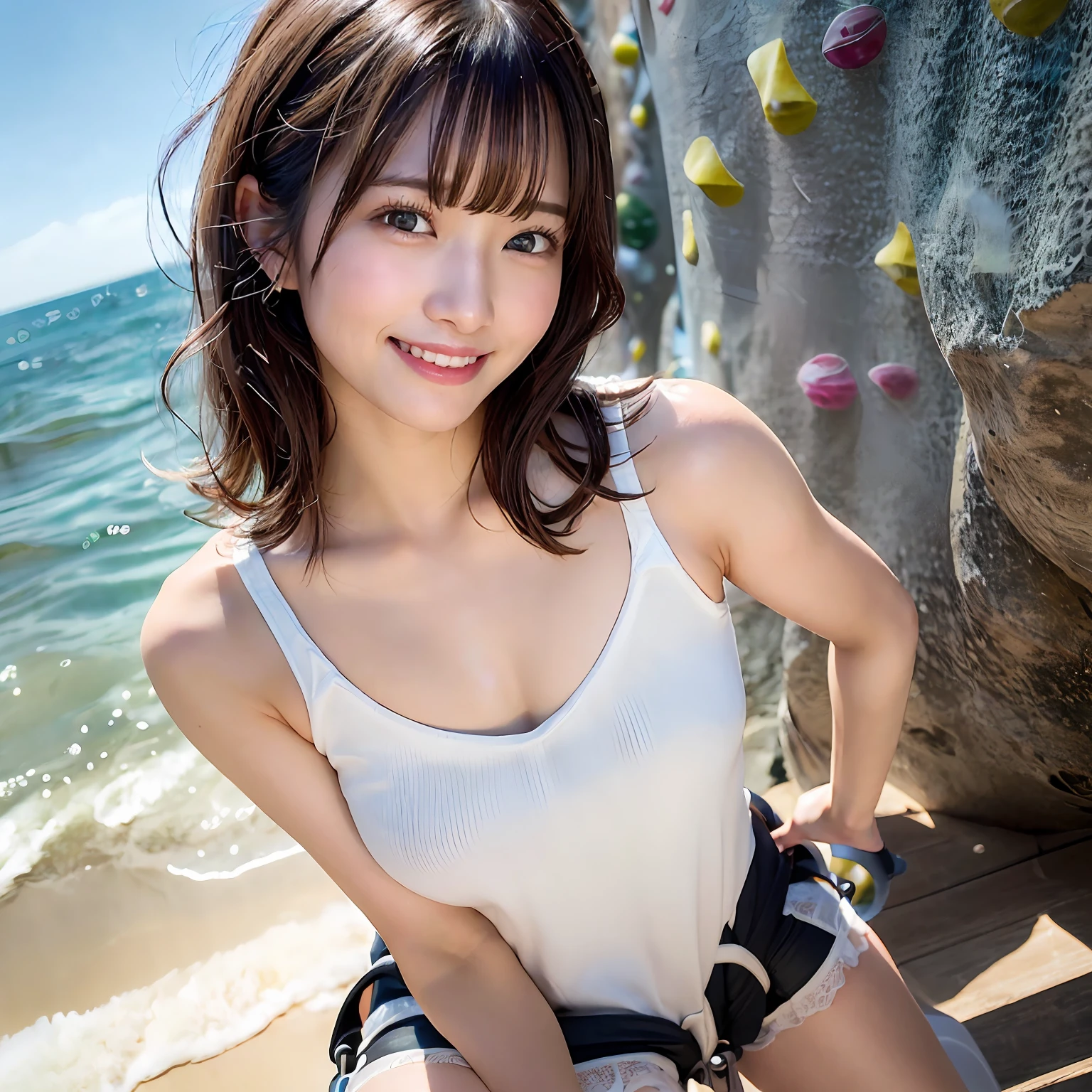 (8k、RAW Photography、超A high resolution、top-quality、​masterpiece:1.2)、(realisitic、photos realistic:1.35)、(Unity 8k壁纸)、absurderes、extremely delicate and beautiful、extremely detailed eyes and face and skin、Radio City、physically-based renderingt、(professional photo of girl)、perfect anatomia、
break
Official Art、amazing、lightonface:1.5、独奏、1 japanese girl、18year old、Rin々Right、Chocolate Shorthair、Symmetrical clear brown eyes、A slender、medium breasts⁩、
Romper
(laught、a smile、Happy smiling face:1.5)、wear(Naked white ruffled camisole:1.3)、(wet​、Sheer are visible:1.3)、(Climbing from the sea:1.5)、Mare、