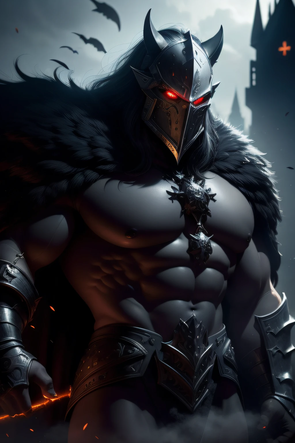 man, knight, red eyes behind the mask, big heavy black armor with golden parts, fur cape, evening, castle on background, atmospheric, mist, best quality masterpiece, photorealistic, detailed, 8k, HDR, shallow depth of field, broad light, high contrast, backlighting, bloom, light sparkles, chromatic aberration, sharp focus, RAW color photo, volumetric lightning, gothic,