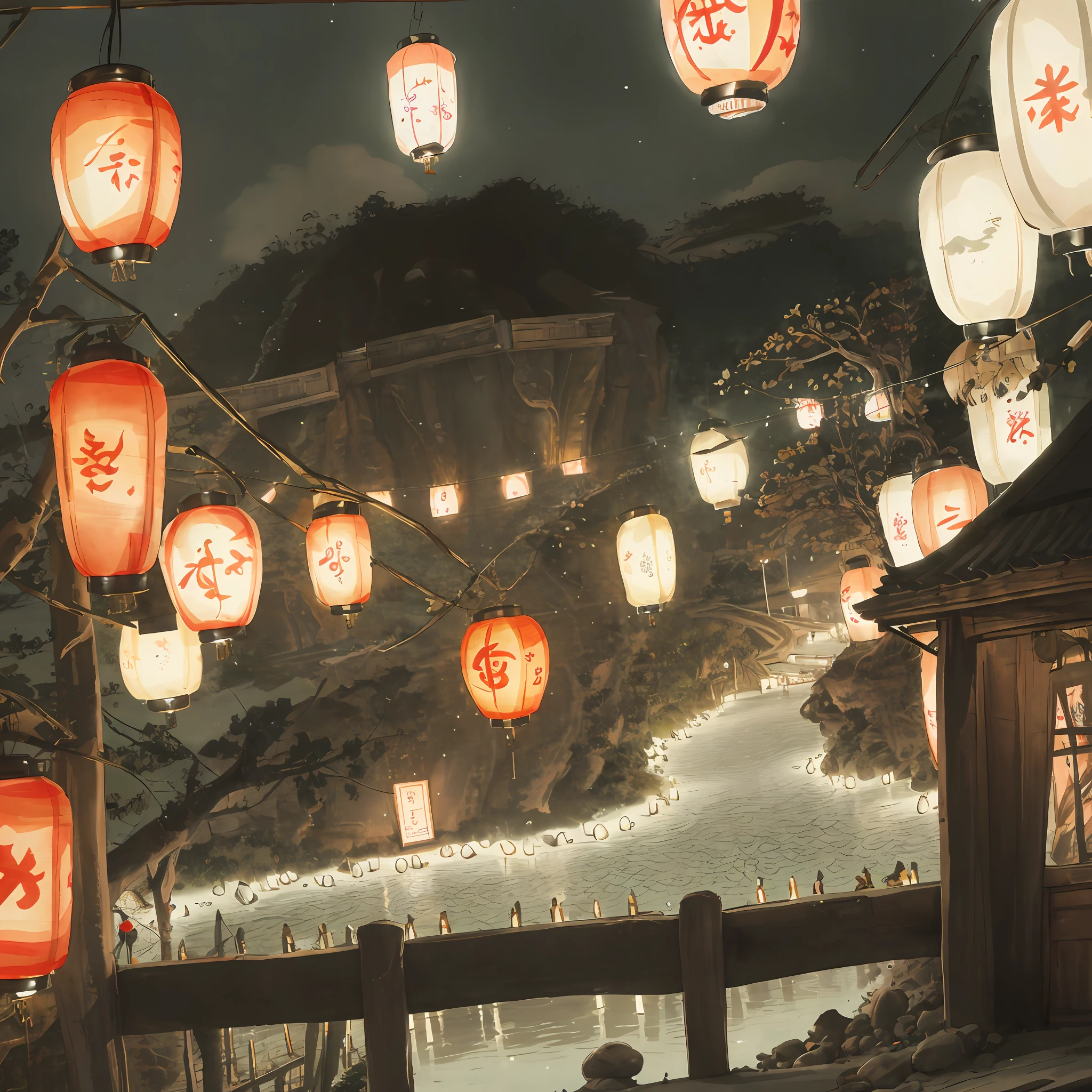 Scenes，lanterns，ancientry，lake，bru，Kongming Lantern，NOhumans，the night，House，boisterous