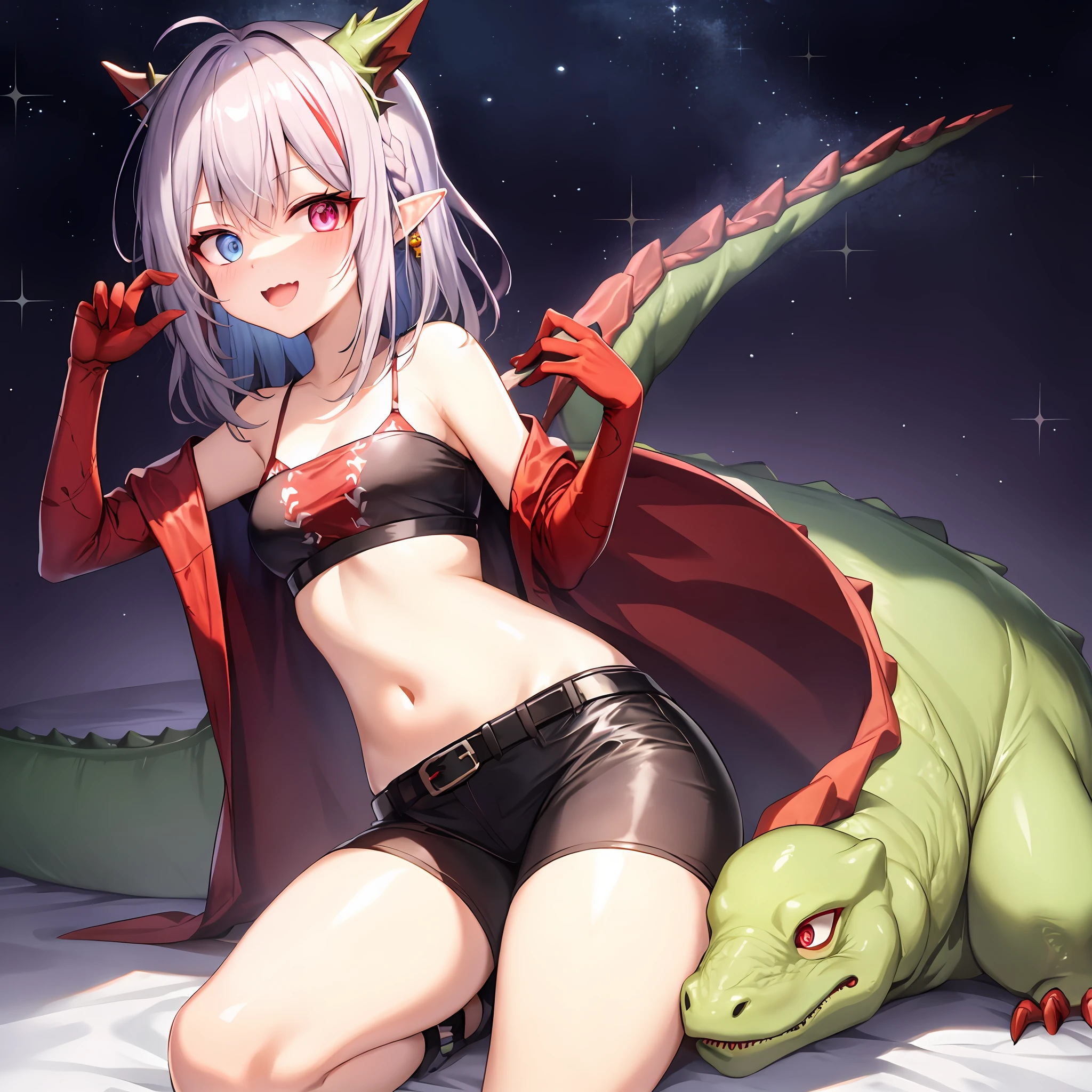 Dinosaur Lady,whaite hair,Heterochromatic pupil(Left red right blue),Short stature,It's a