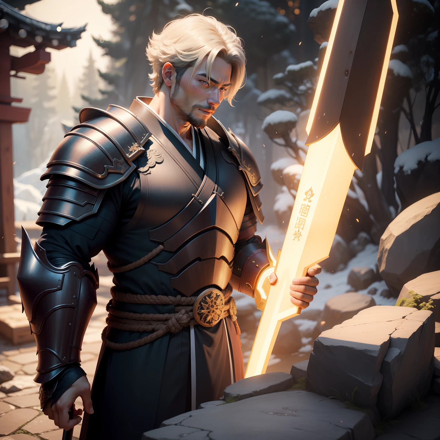 The animations are rich in detail，This is a high-quality 8K masterpiece。30-year-old male，A male，bachelorhood，Strong body，Japan kimono，Light armor，Rock elemental magic，fantasy，Big axe