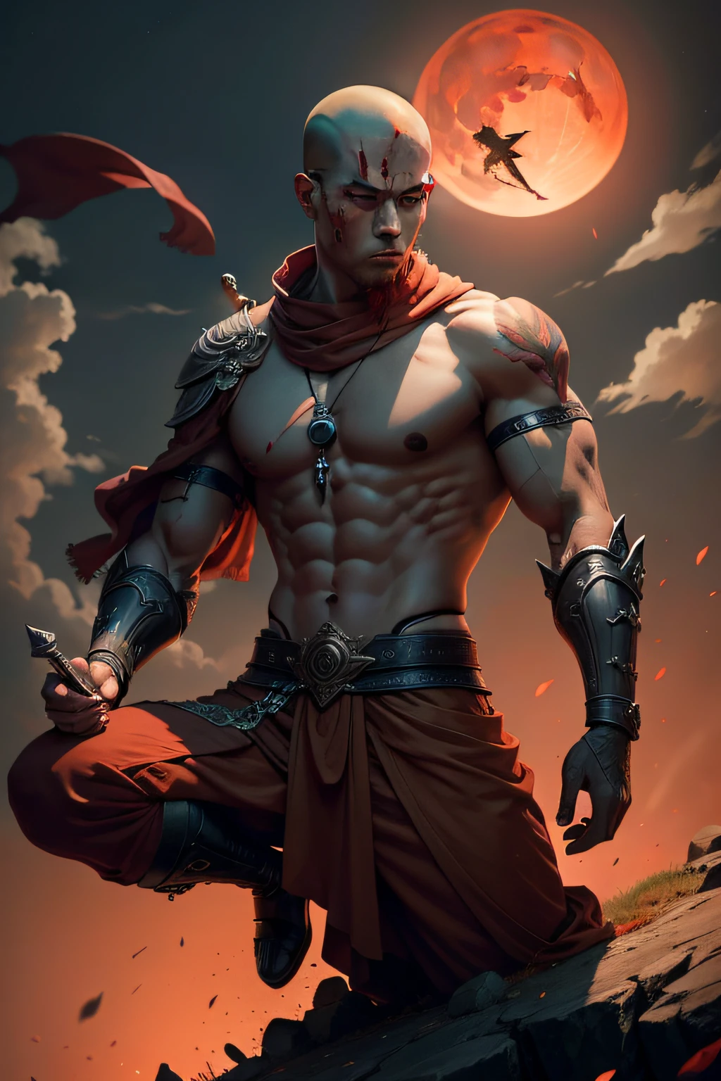 The handsome monk flew in the air，The broken Buddha statue is behind the monk，The sky has a red moon，The dagger is by his side，Dark style，The monk was covered in blood