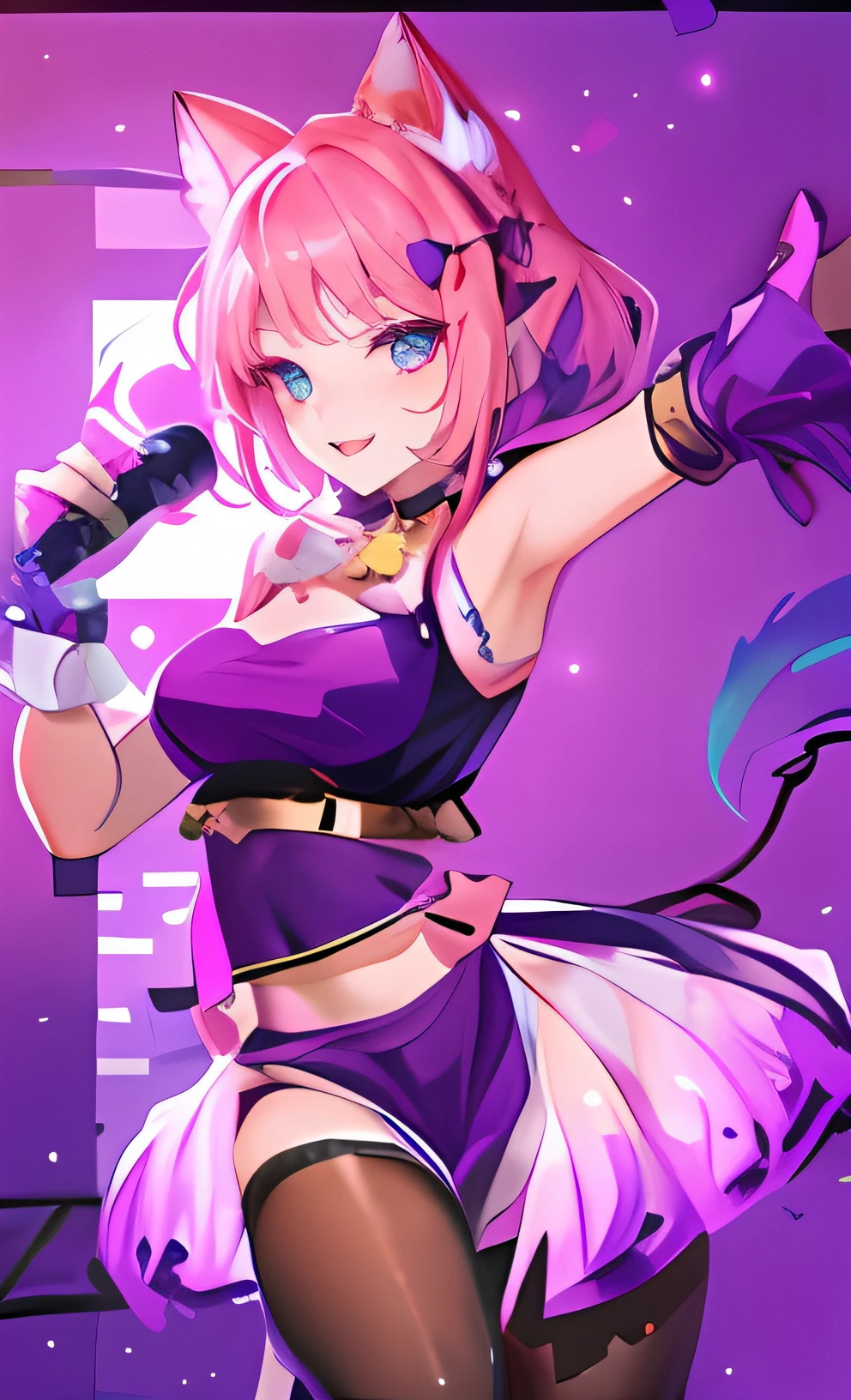 Purple anime girl,There is a cat tail, flirty anime witch casting magic, seraphine ahri kda, female furry mini cute style, Portrait Chevaliers du Zodiaque Fille, portrait of magical girl, sparkling magical girl, my dress up darling anime, alluring elf princess knight, Beautiful celestial mage, knights of zodiac girl, astral witch clothes,Hold the microphone in your left hand🎤