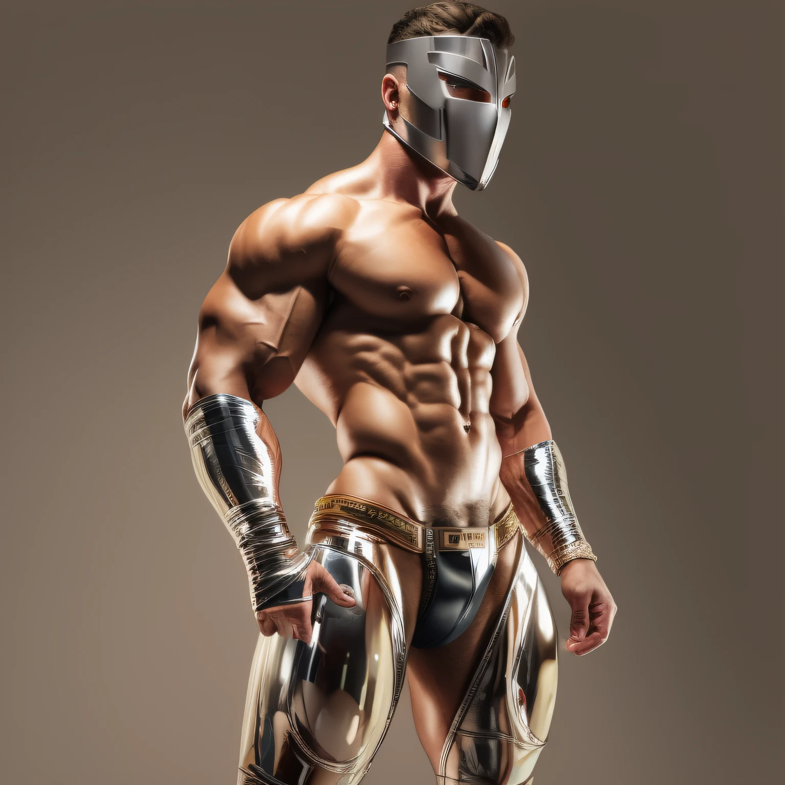 realistic beautiful handsome muscular naked bodybuilder man with a metallic mask over his lower face, full-body image, low angle view, simple background