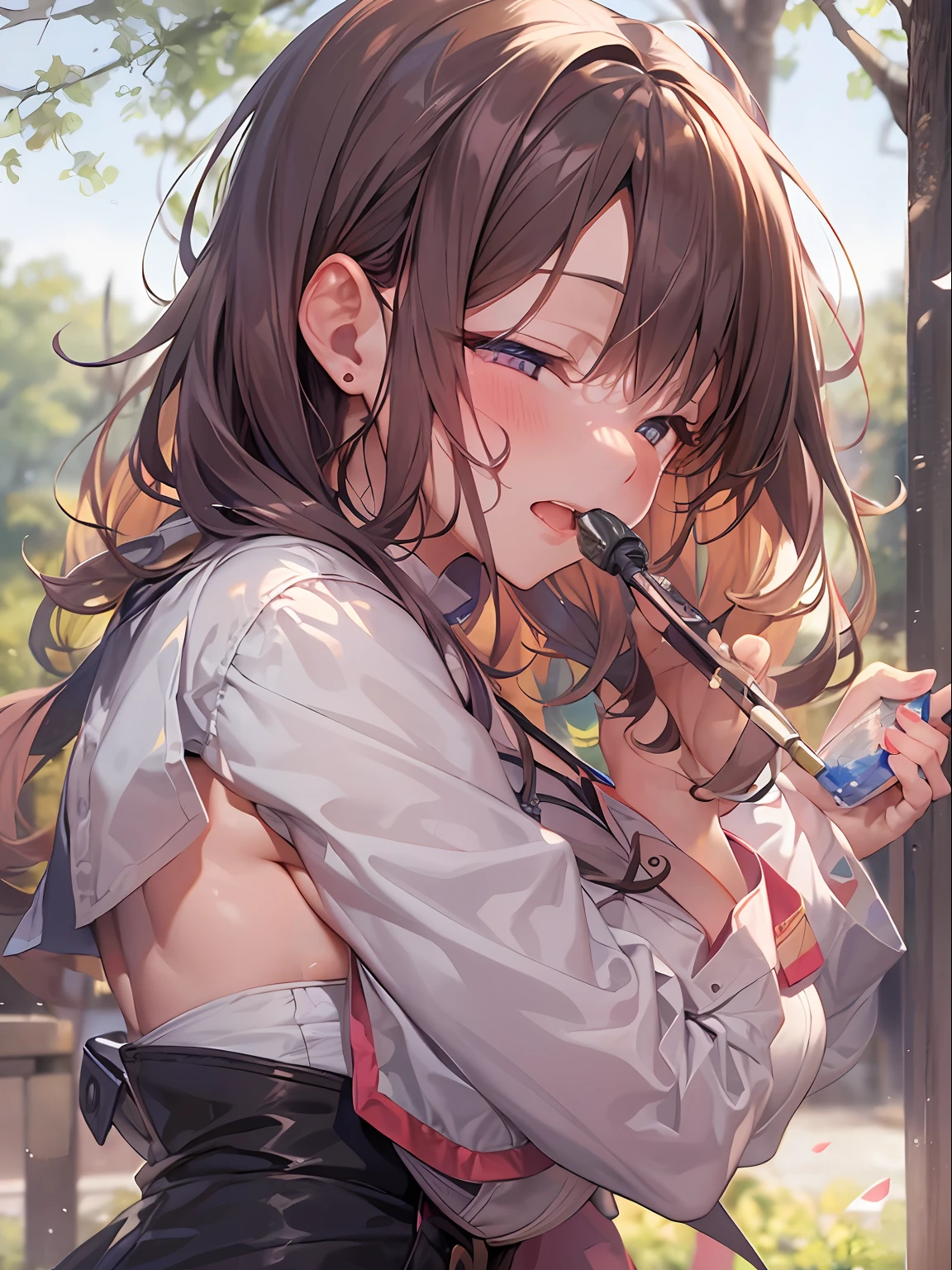 top-quality、masterpiece、超A high resolution、(Photorealsitic:1.4)、One girl yawning in the park、Panting face、A dark-haired、Functional、Bewitching、Dramatic Lighting、full body Esbian、maikurobikini、huge-breasted、Getting from behind、a park、Pubic hair shows through、all-fours、blushed face、Functional、Nasty