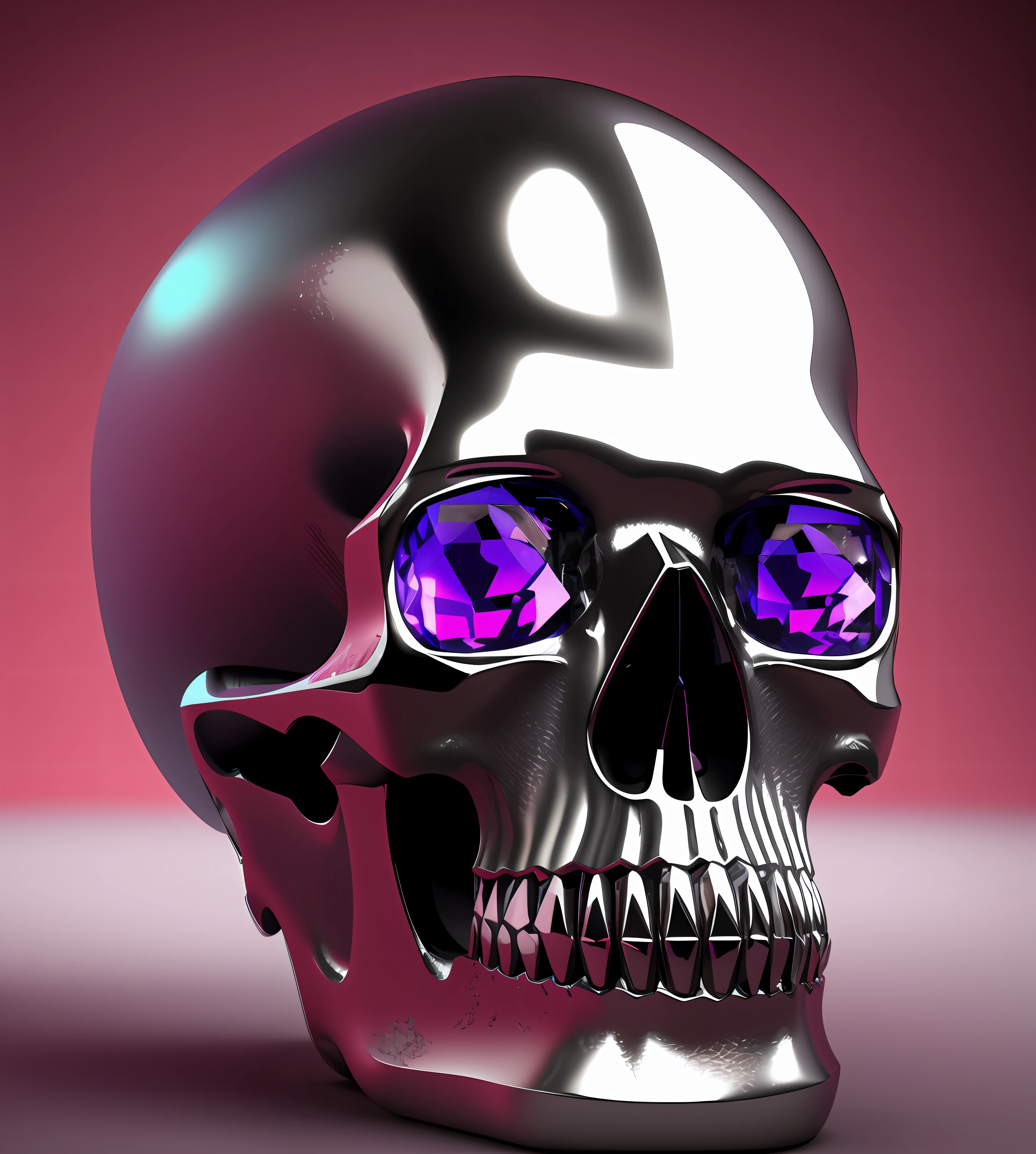 a closeup of a silver skull with purple stones cut into the eyes on a pink background, polished silver skull, prata reluzente, Renderizado em Octane 3D, renderizado em octane render 32k, renderizado em cinema 4 d, renderizado em cinema4d, pratal skull, jewelry skull, renderizado em cinema 4 d octane, renderizado em keyshot, 3 d renderizado em octanagem, 3d renderizado em octanagem