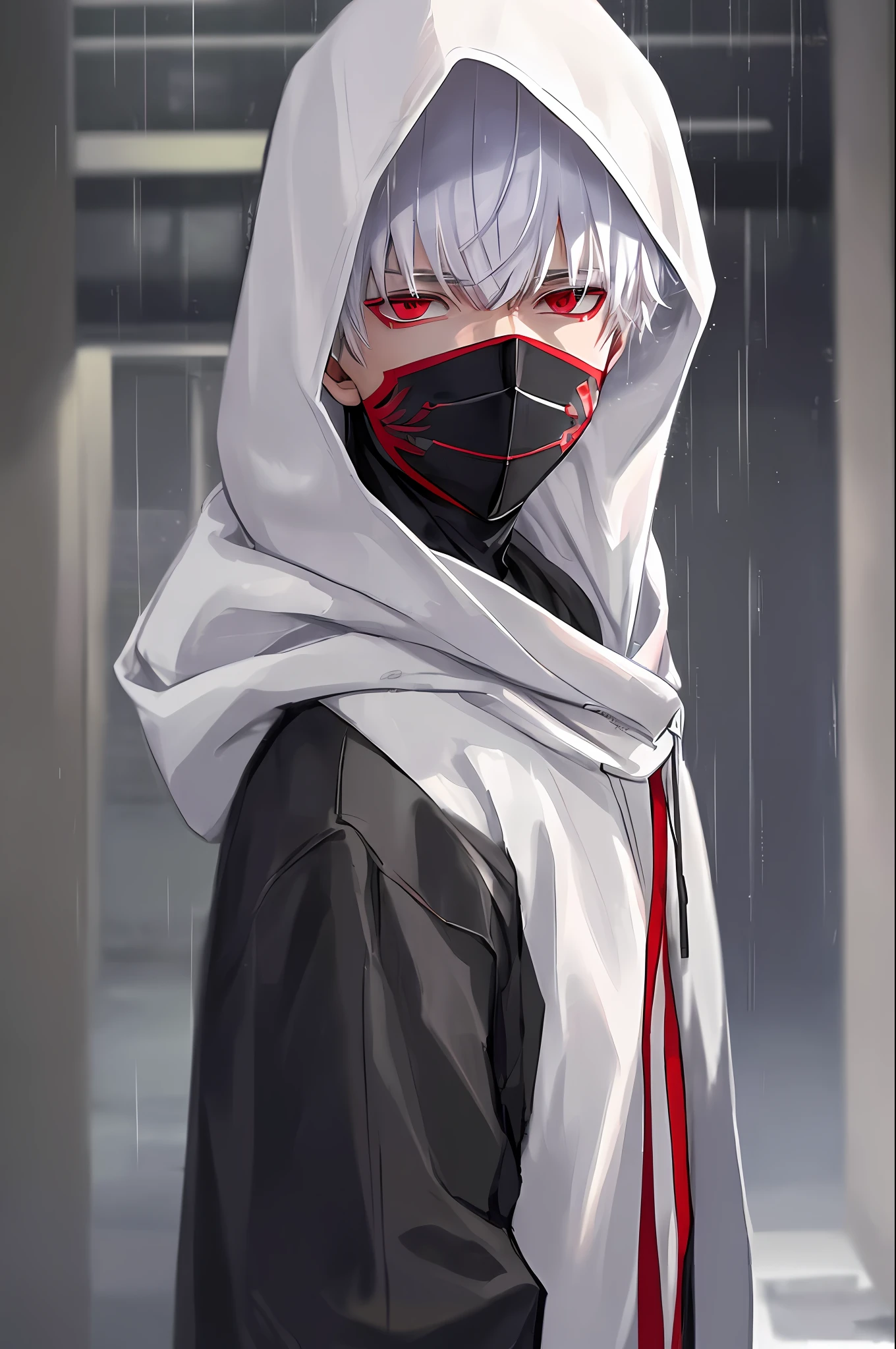 kk, best quality, more details, masterpiece, 1boy, kaneki ken, portrait, male focus, red eyes, solo, bangs, looking at viewer, hood, short hair, rain, tokyo tokyo \(city\), hood up, nail polish, white hair, luxurious, 8k, detailed, ray tracing, depth of field, cinematic lighting,