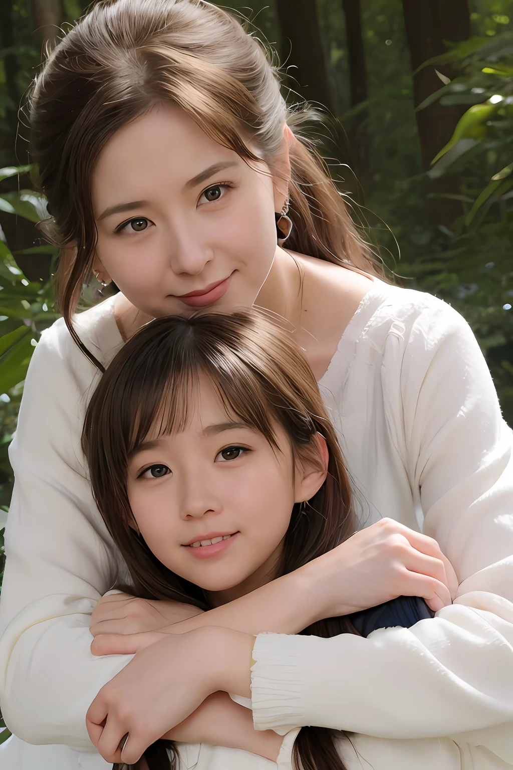 two female anime characters that hug each other in the forest in front of trees,RAW photogr,Realistic, Multiple girls, dress, Smile, 2girls, Open mouth, mitts, Braid, Earrings, White dress, jewelry, One eye closed, hair flower, hair adornments, White gloves, hug, Long hair, flower, Elbow gloves, Red eyes, view the viewer, bangs, Brown hair, Blush, bow, Yellow eyes, Bare shoulders, Black hair,