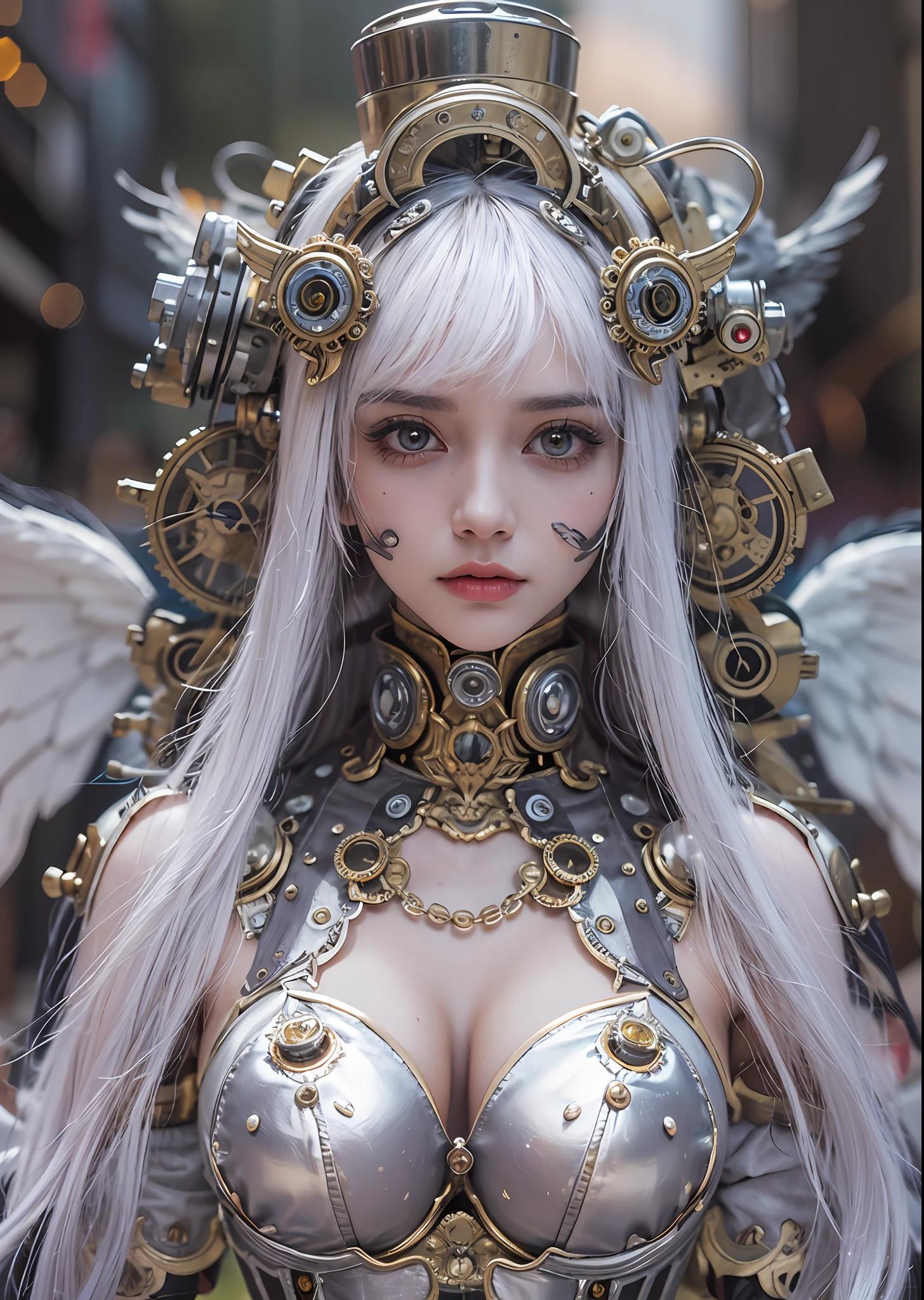 top-quality、​masterpiece、超A high resolution、(Photorealsitic:1.4)、Raw photo、Steampunk Cyborg Angel、large wings made of metal、White porcelain body、Acrylic Clear Cover、white  hair、glowy skin、1 steampunk girl、((super realistic details))、portlate、globalillumination、Shadow、octan render、8K、ultrasharp、character edge light,Colossal tits、Raw skin is exposed in cleavage、Details of complex ornaments、Sumerian details、Hydraulic cylinder、Small LED lamp、highly intricate detail、Realistic light、a purple eye、radiant eyes、Facing the camera、neon details、cowboy  shot、Futuristic headgear、The background is a steampunk city、、