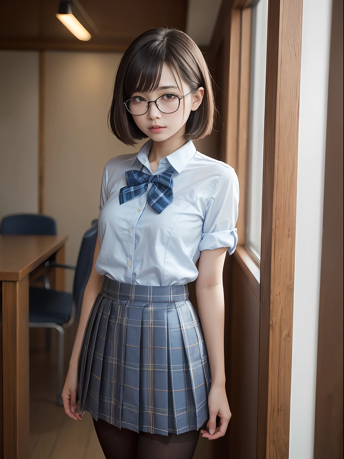 （8K、Raw photography、top-quality、​masterpiece：1.2),Bullish,Muchimuchi,Erotic,Pupils,Light Blue Bra,de pele branca,kne,(Black pantyhose),absurderes,a small face,small tits,flat breast,Parting the bangs from the middle、Forehead visible,(a cold expression<Tight eyes,glares,Bullish,skinny,Rasping,irate)、​masterpiece,top-quality、超A high resolution,Raw photo,ren,Beautiful fece,One Person, 独奏,eye glass,,Dark look,Small breasts,fullllbody,Round glasses、cute little、JK school uniform,hi-school girl,A Japanese Lady,is standing,（Photorealsitic：1.37）、Photon mapping,Light blue ribbon,Realistic、Cute little face,Brown-eyed、Black socks、(Red bow tie)、Radio City、Physically Based Rendering、Foreground、depth of fields、Blurry background、a picture,The girls、Body,beauty legs, Long legs, Thin leg,Long bob cut,(Bangs are visible), hair, s lips, Blue_The eye, nosesoft,(Light blue shirt), (Navy and blue and white plaid pleated skirt), Knees are visible,Sheer clothing,, Thigh, Black cotton socks,Nogizaka Idol, 女優, Japanese ido