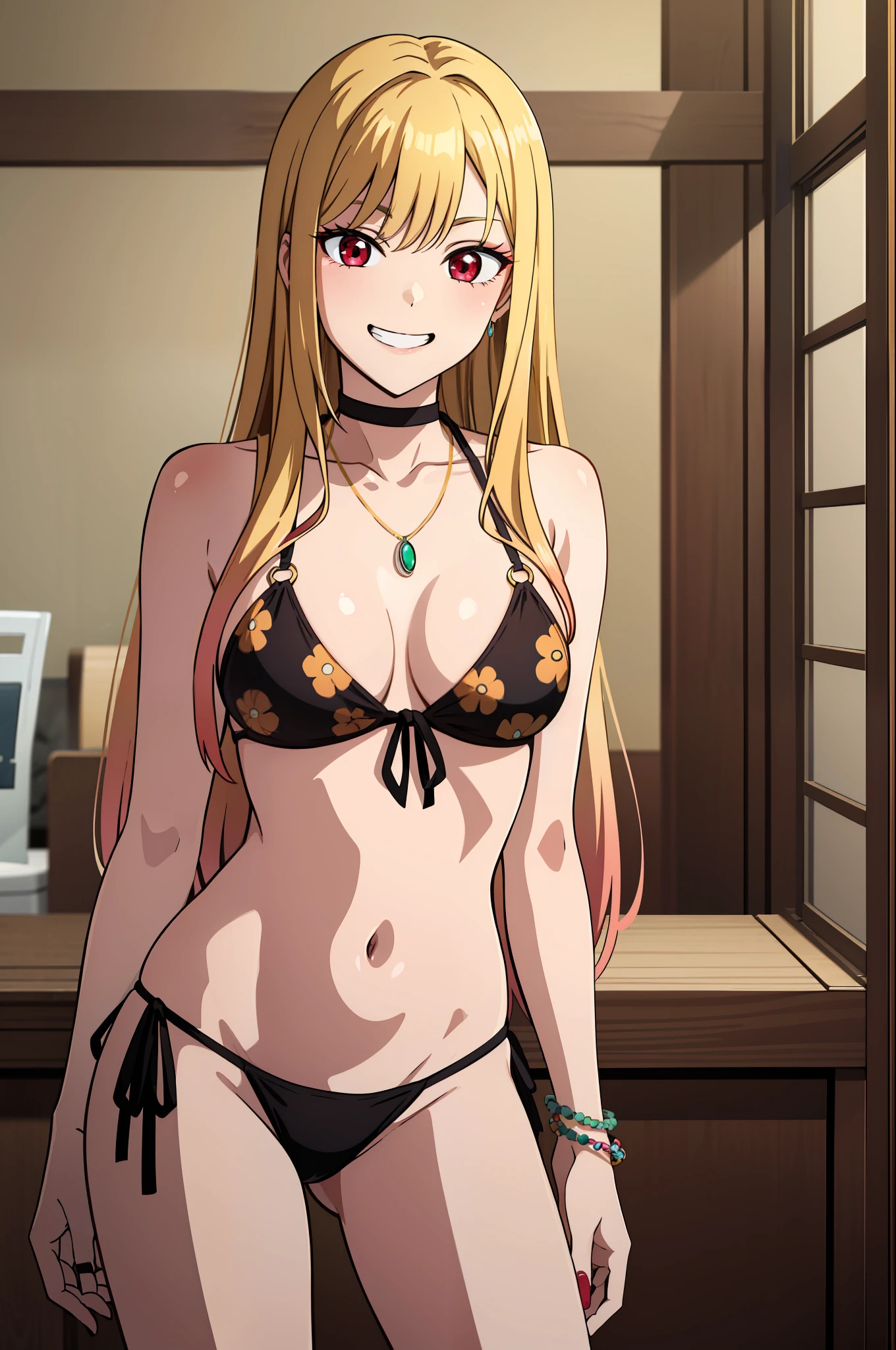 masterpiece, best quality, highres, kitagawa marin, 1girl, blonde hair, long hair, multicolored hair, red eyes, jewelry, necklace, choker, black bikini, floral print, bracelet, side-tie bikini bottom, cowboy shot, indoors, room, standing, grin, straight-on, arms at sides