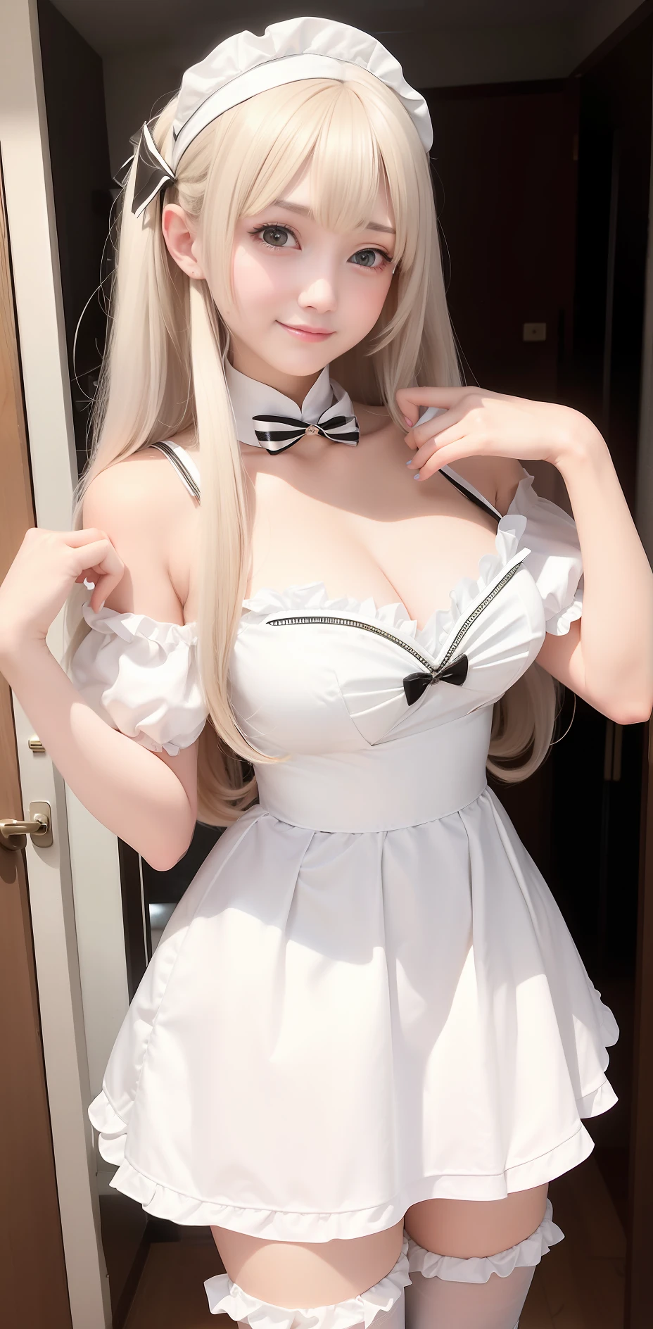 there is a woman in a maid outfit posing for a picture, Maid outfit, gorgeous maid, Open V chest clothes, white skirt and barechest, very sexy outfit, Maid dress, maid, white and black, Sexy outfit, french maid, smooth white tight clothes suit, spellbinding,spellbinding, revealing outfit, maid costume, Sexy dress, The upper part of the body