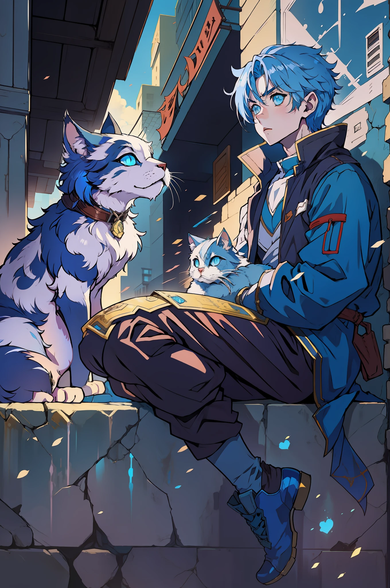 Arafed man with blue hair and blue eyes sitting on a ledge with a cat, Art not Guweiz style, Estilo anime 4K, Estilo Ross Tran, Menina anime com cabelo martelo, por Yuumei, Arte de anime realista, Estilo anime 2D, Guweiz em Pixiv ArtStation, Anime Art Wallpaper 8K