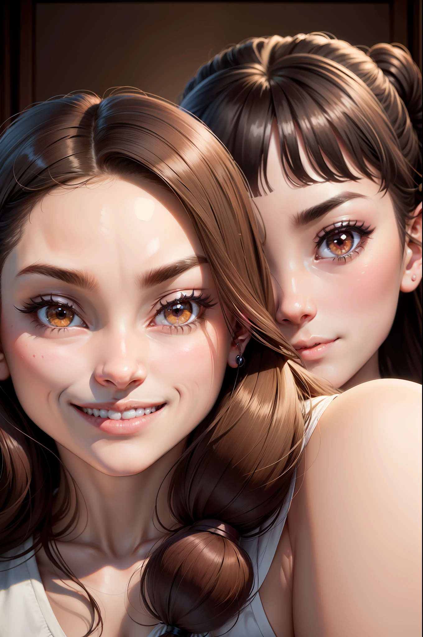 Real faces，brunette color hair， Hair bobble， wince， long eyelasher， solid circle eyes，earlobe， Light smile， Blushing ears， fang，， shadowing， stereograms， tachi-e， pov， atmosphric perspective， super detailing， ccurate， best qualtiy
