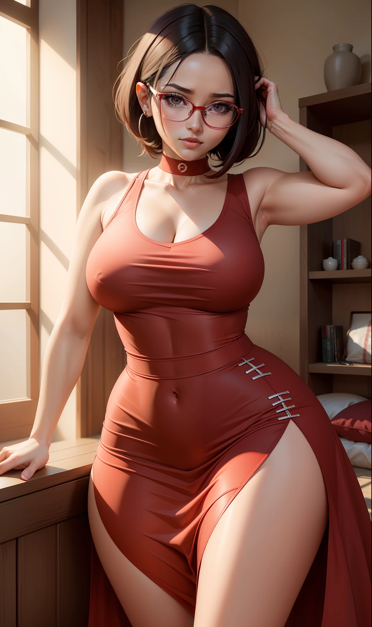 Sarada uchiha,linda,com cabelo curto,((8k)) perfeita, realista,With eye Glasses,big,grandes curvas, vestindo camisola da cor vermelha, deitada na cama,e com olhos vermelhos