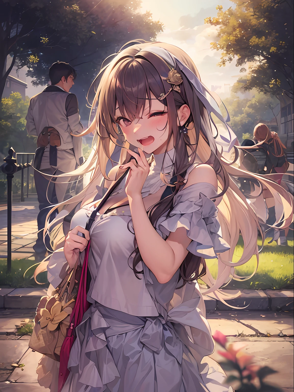 top-quality、​masterpiece、超A high resolution、(Photorealsitic:1.4)、One girl yawning in the park、Panting face、A dark-haired、Functional、Bewitching、Dramatic Lighting、full body Esbian、maikurobikini、huge-breasted、Getting from behind、a park、Pubic hair shows through、all-fours、blushed face、Functional、Nasty